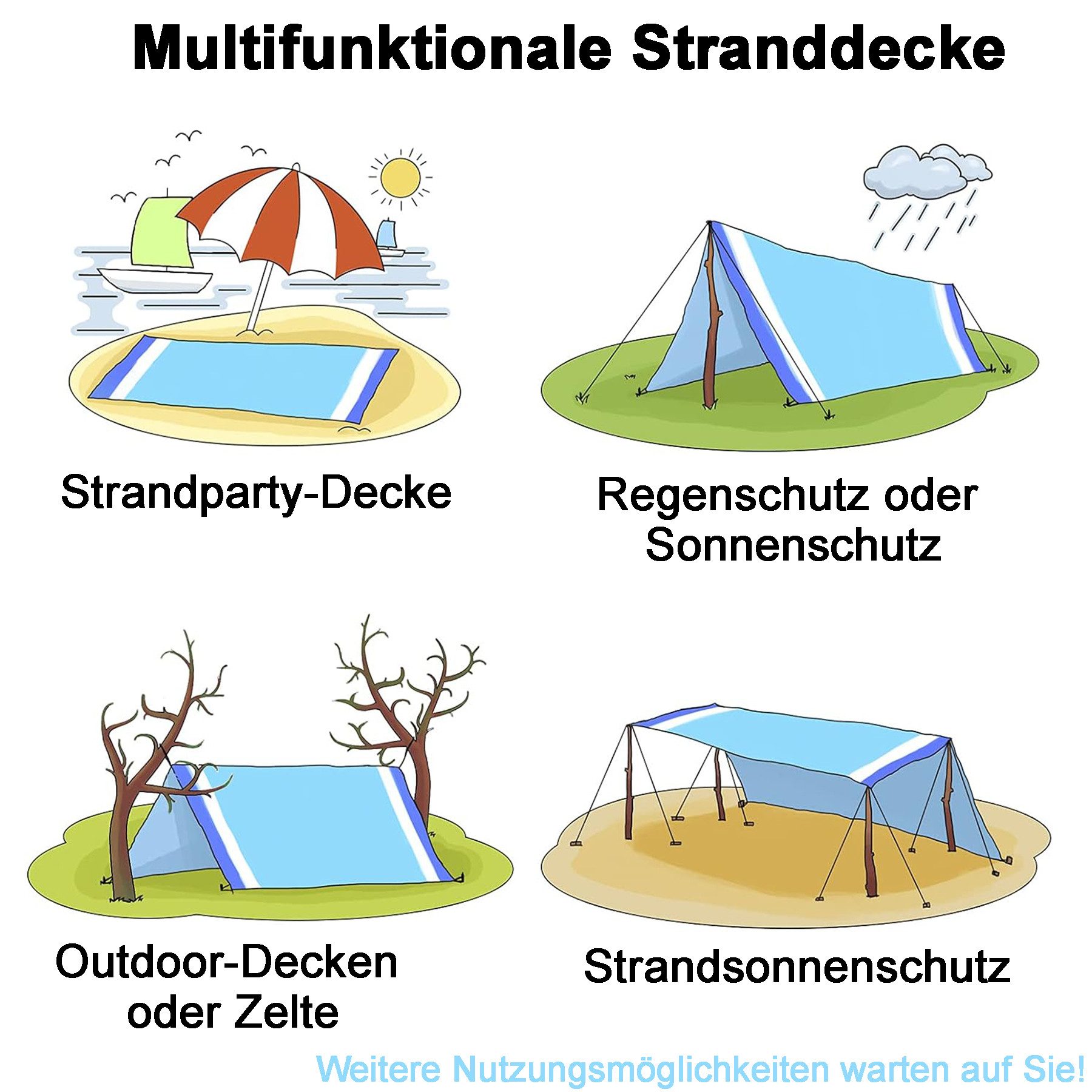 Picknickdecke Campingdecke,Strandmatte,Stranddecke Sandfrei,210 x 200 cm,Wasserdicht, Mutig, Strandtuch 4 Befestigung Ecken für den Strand,Wandern,Campen & Outdoor
