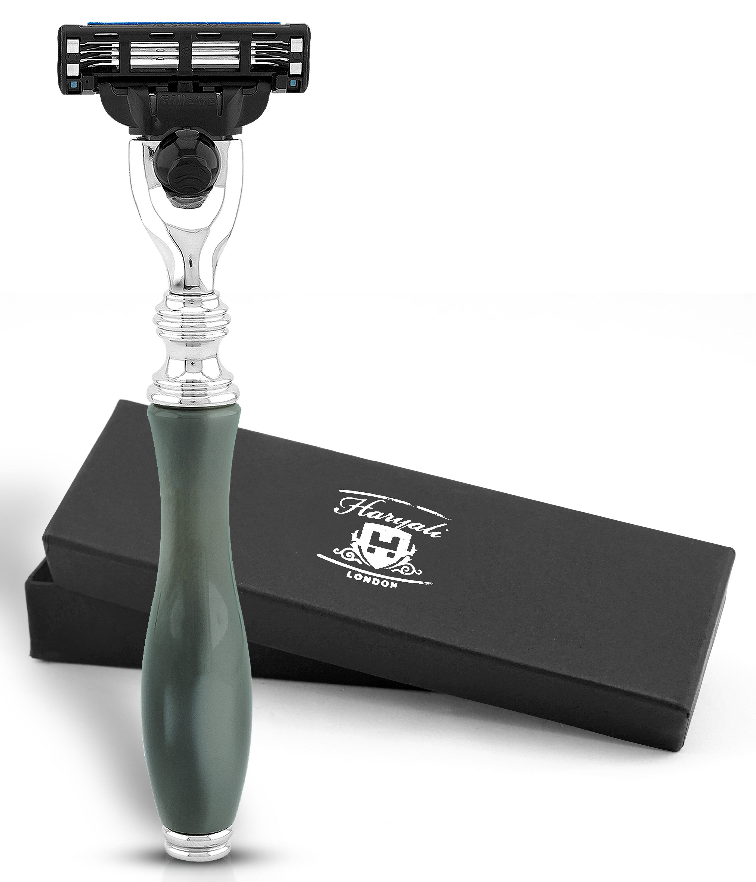 Haryali London Nassrasierer Eleganter 3-Kanten-Herrenrasierer, ergonomischer Herrenrasierer, Grau, Packung, Verstellbarer Rasierer mit hochwertiger Messing Harzbeschichtung, Abwaschbarer,rutschfester Griff.Passend für alle Mach 3 Rasierklingen.