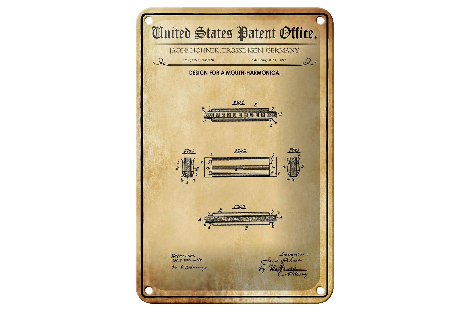 Femer GmbH Metallschild Patent 12x18 cm Entwurf für eine Mundharmonika, (1 St), gewölbte Oberfläche, abgerundete Ecken, umgeschlagene Kanten