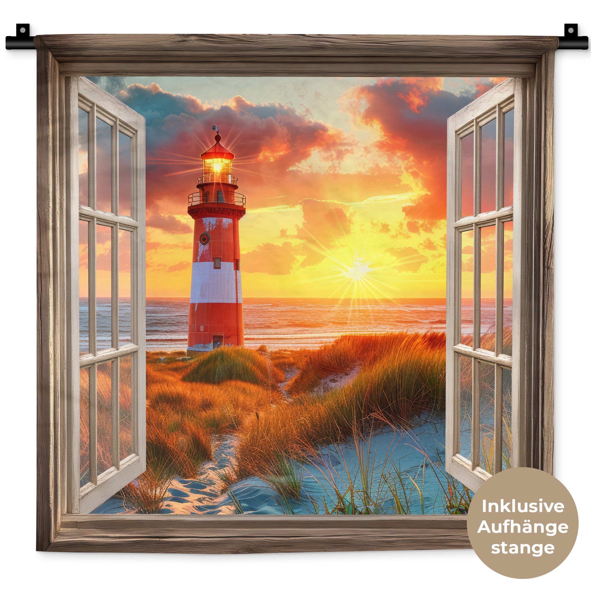 MuchoWow Wandteppich Aussicht - Fenster - Leuchtturm - Sonnenuntergang - Strand, Quadratisch, Höhe: 3 mm, Wand Teppich, Deko für an den Wand, 60x60 cm
