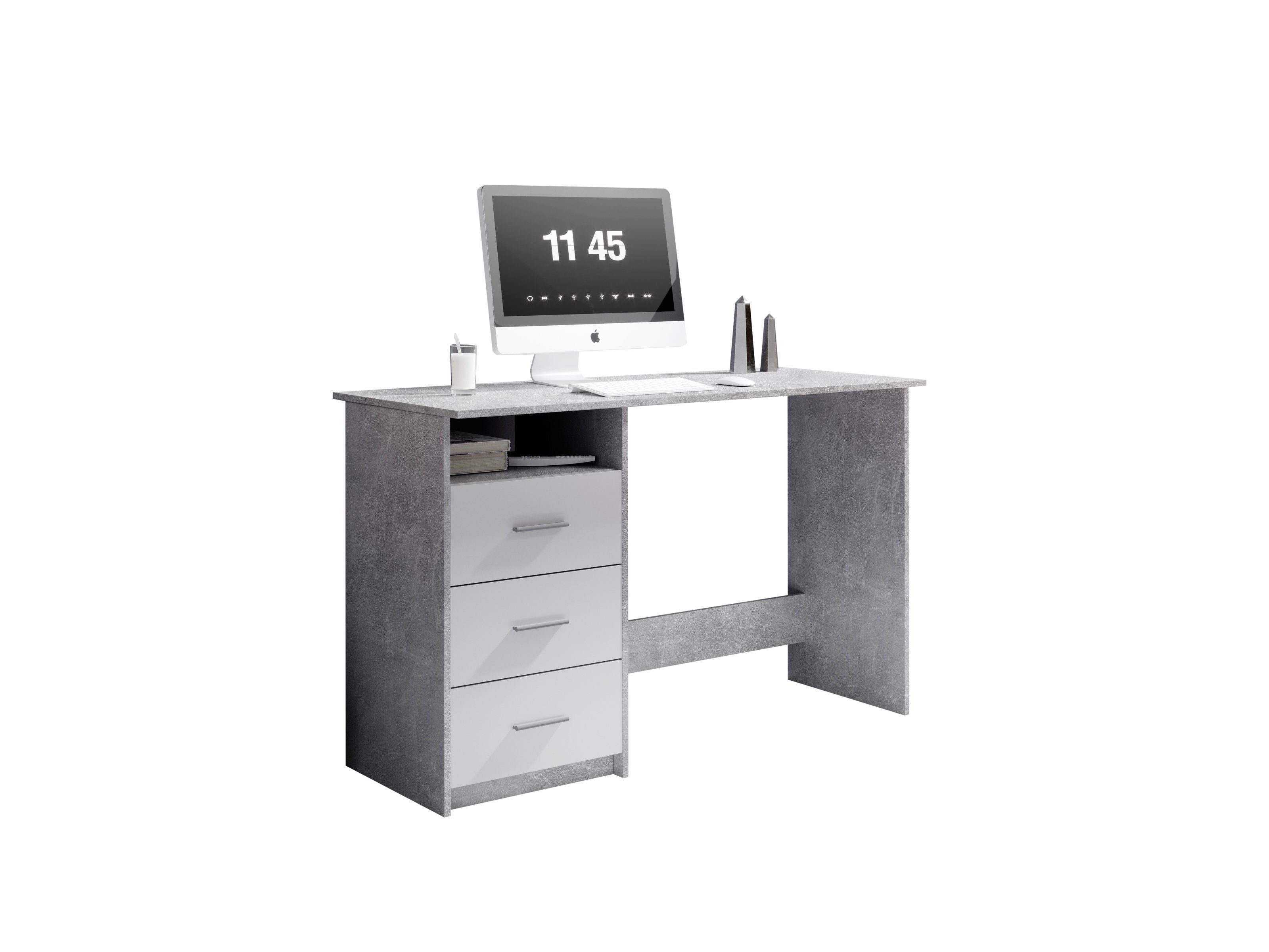PREISBRECHER Schreibtisch Schreibtisch >Mack< - 123x76x50cm (BxHxT), aus Spanplatte in Beton mit 3 Schubkästen und 1 offenes Fach.