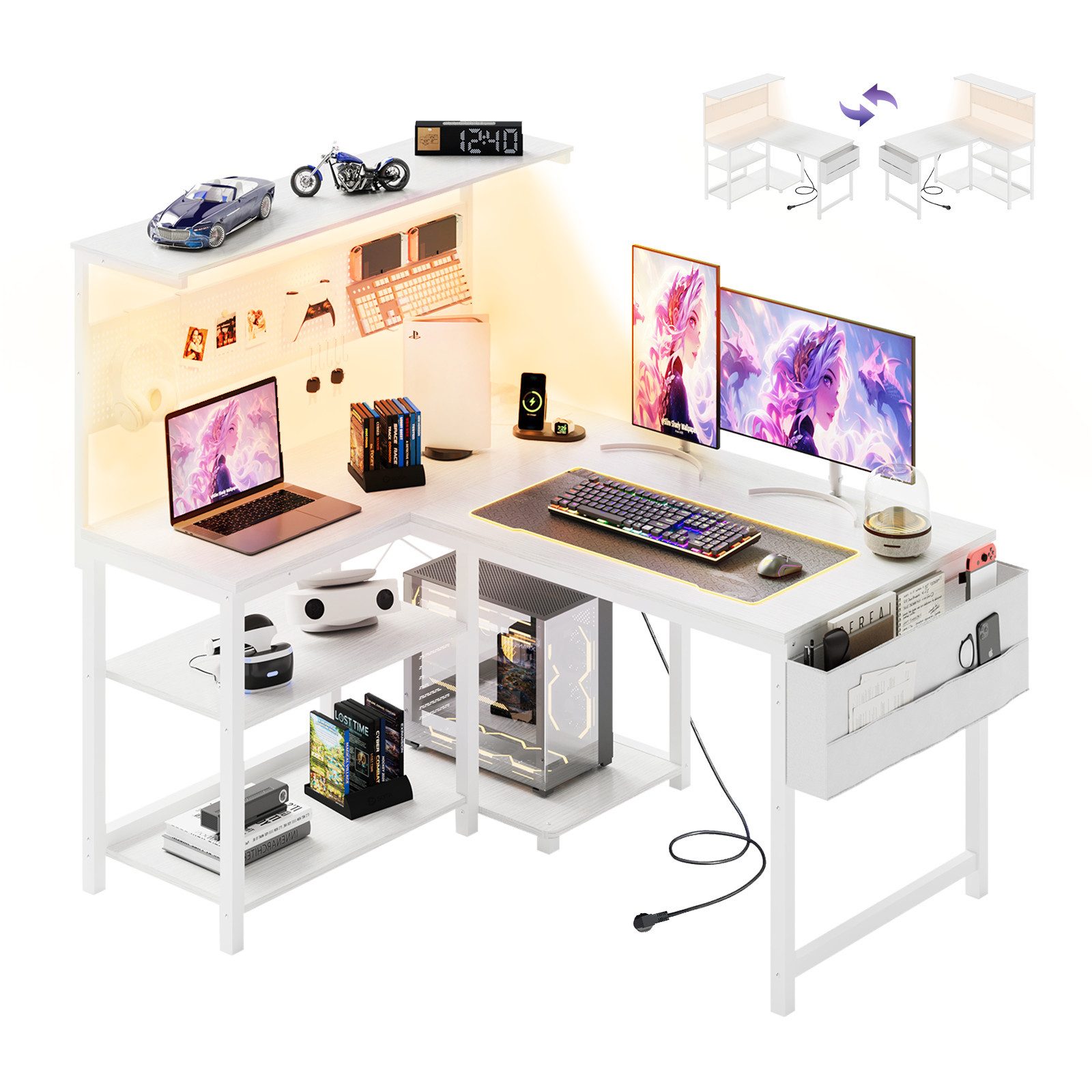YOUDENOVA Gamingtisch Gaming Schreibtisch L Form 120x80cm mit LED Steckdose Regal Schwarz (1-St)
