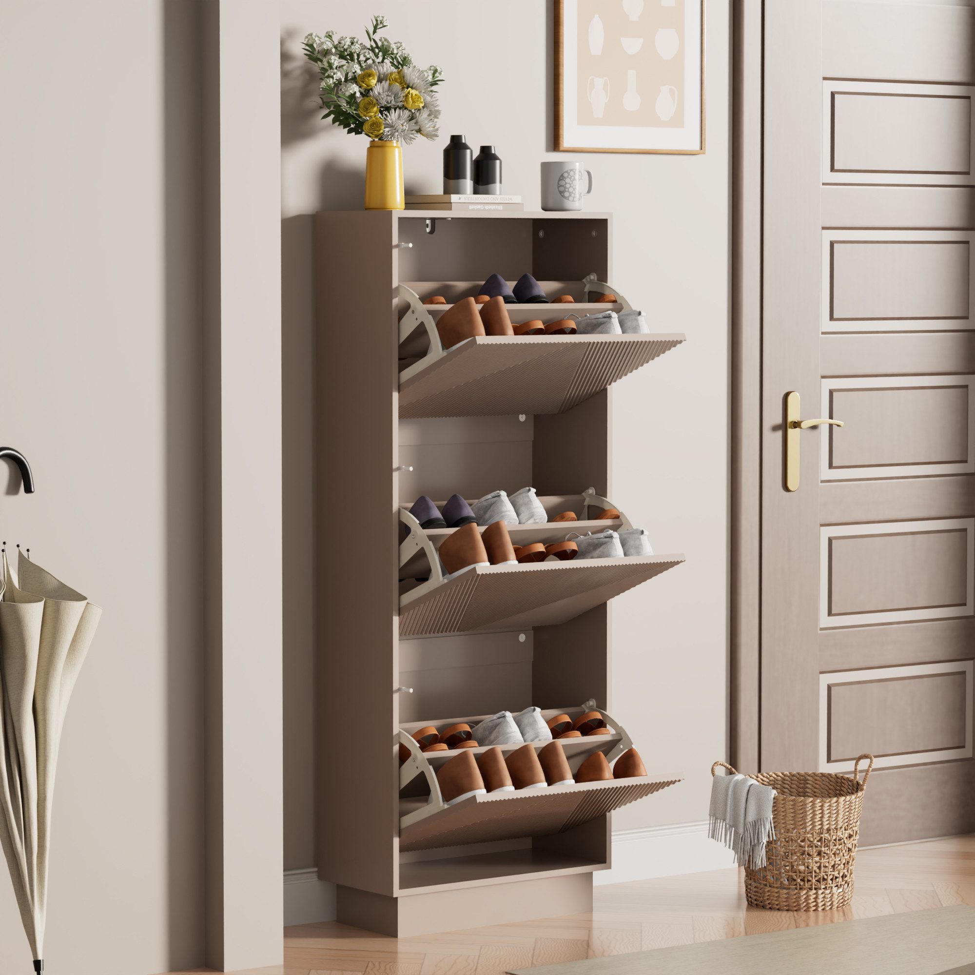UEV Schuhschrank mit 2/3 Klappen schmal Schuhkommode mit Kippschutz Schuhregal (Packung, Schuhständeregal mit Drucktüröffner für Flur Eingang Platzsparend) Tren – Bild 3 von 5