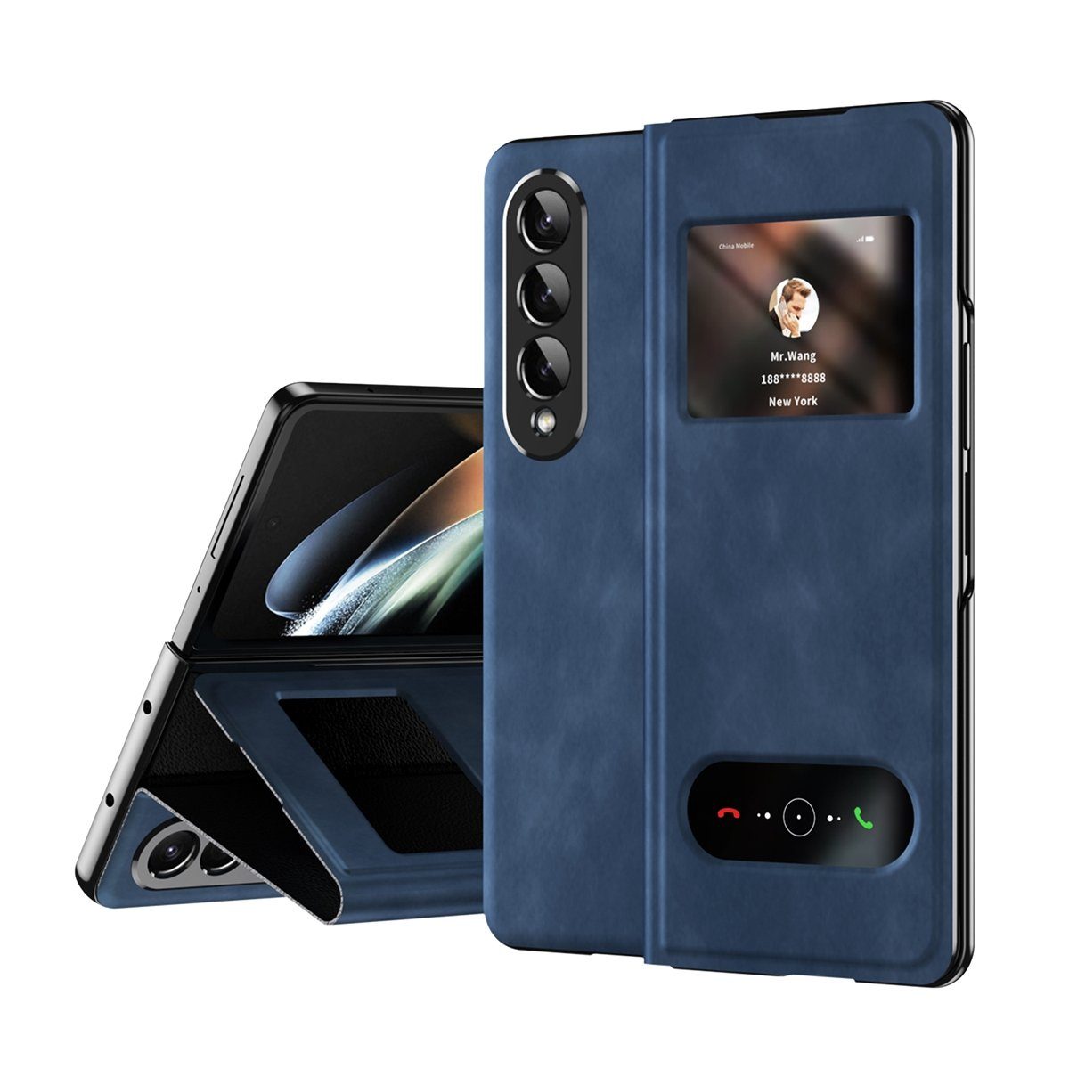 Wigento Handyhülle Für Samsung Galaxy Z Fold4 5G Window View Flip Cover Kunstleder Handy Tasche Hülle Etuis D-Blau