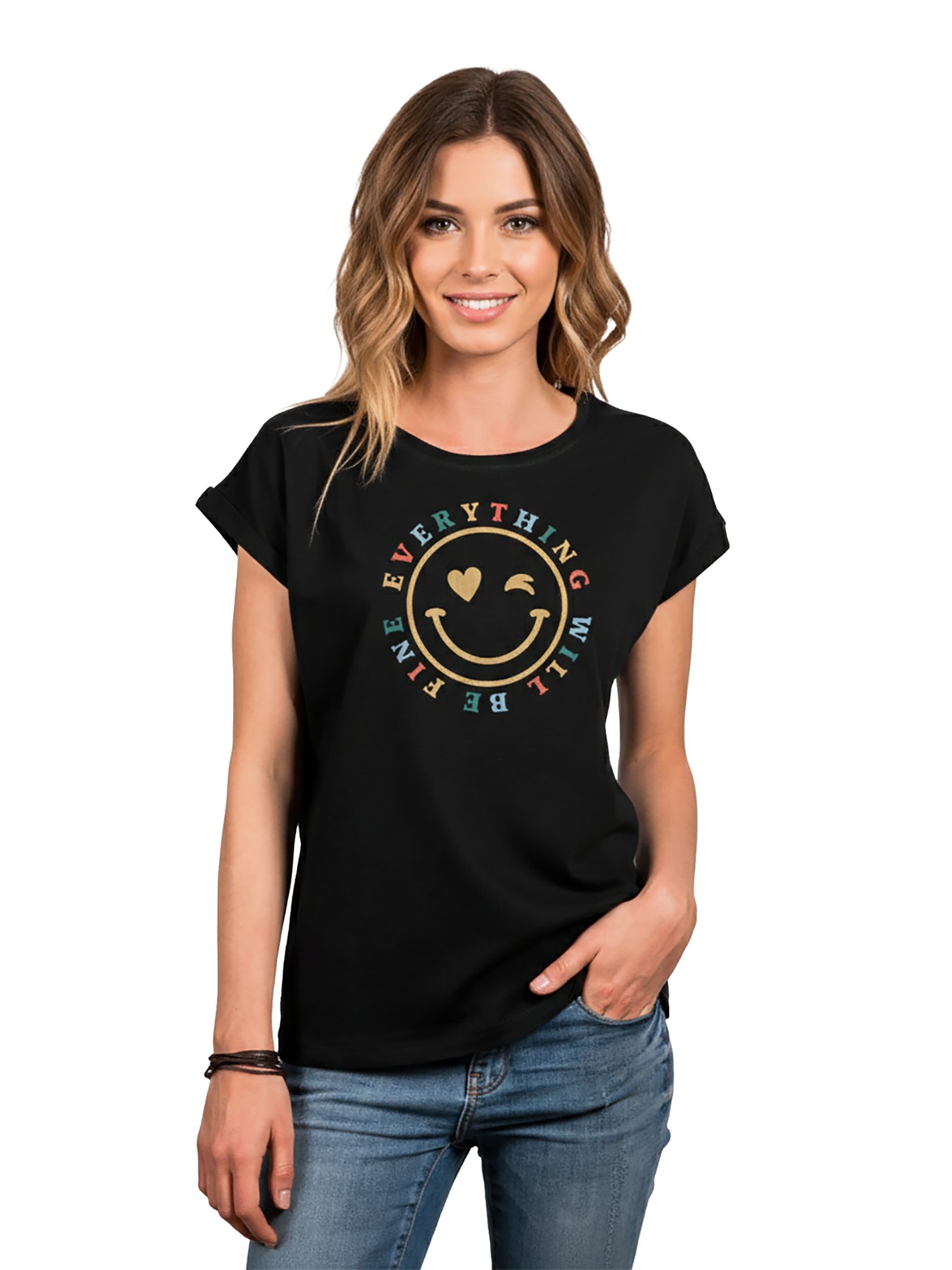 MAKAYA Print-Shirt Damen Kurzam Herz Spruch Sprüche Hippie Style Outfit 60er 70er Jahre Top