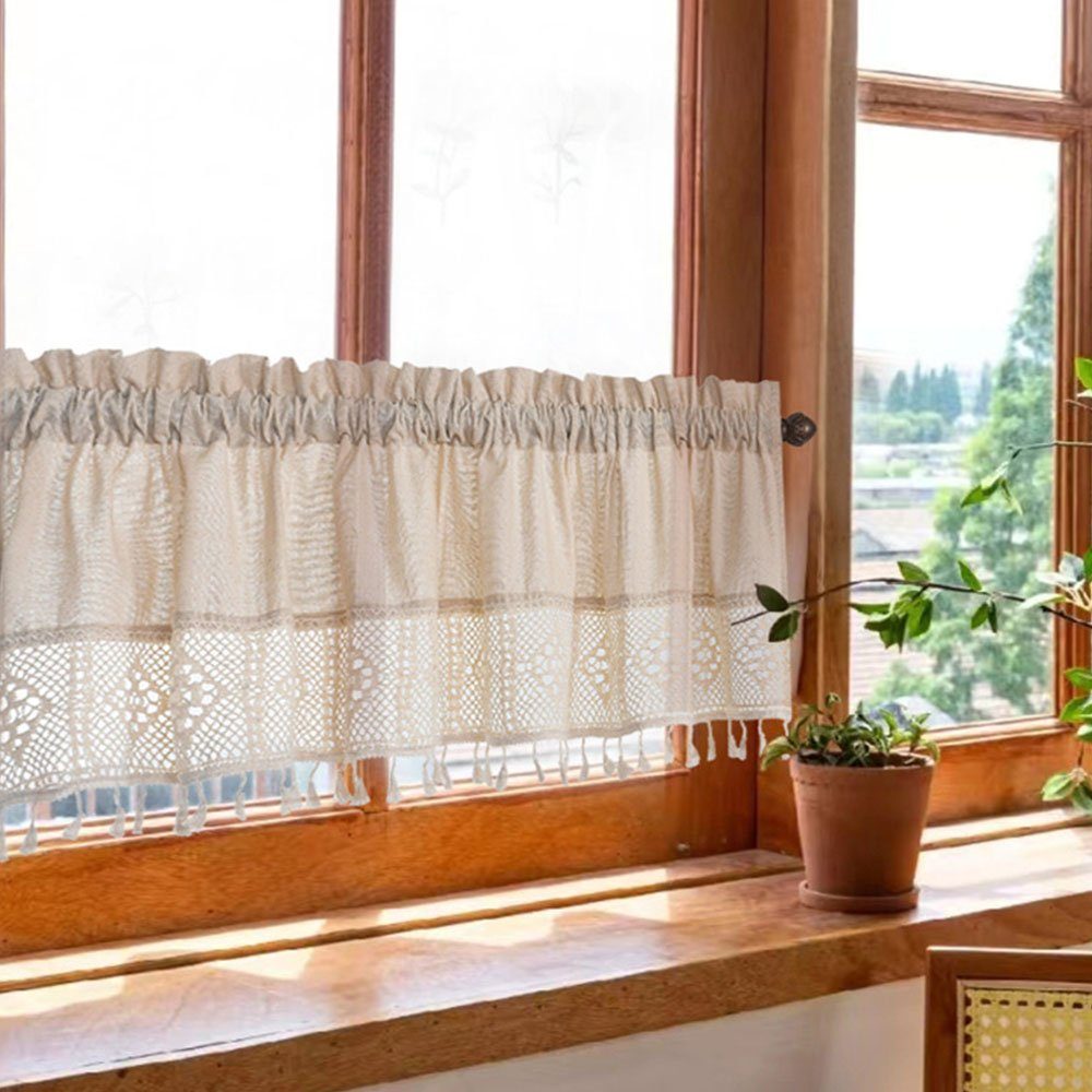 Querbehang Gardine Bistrogardine Beige 132*46cm, mit HIBNOPN Häkeln Spitze mit Quasten