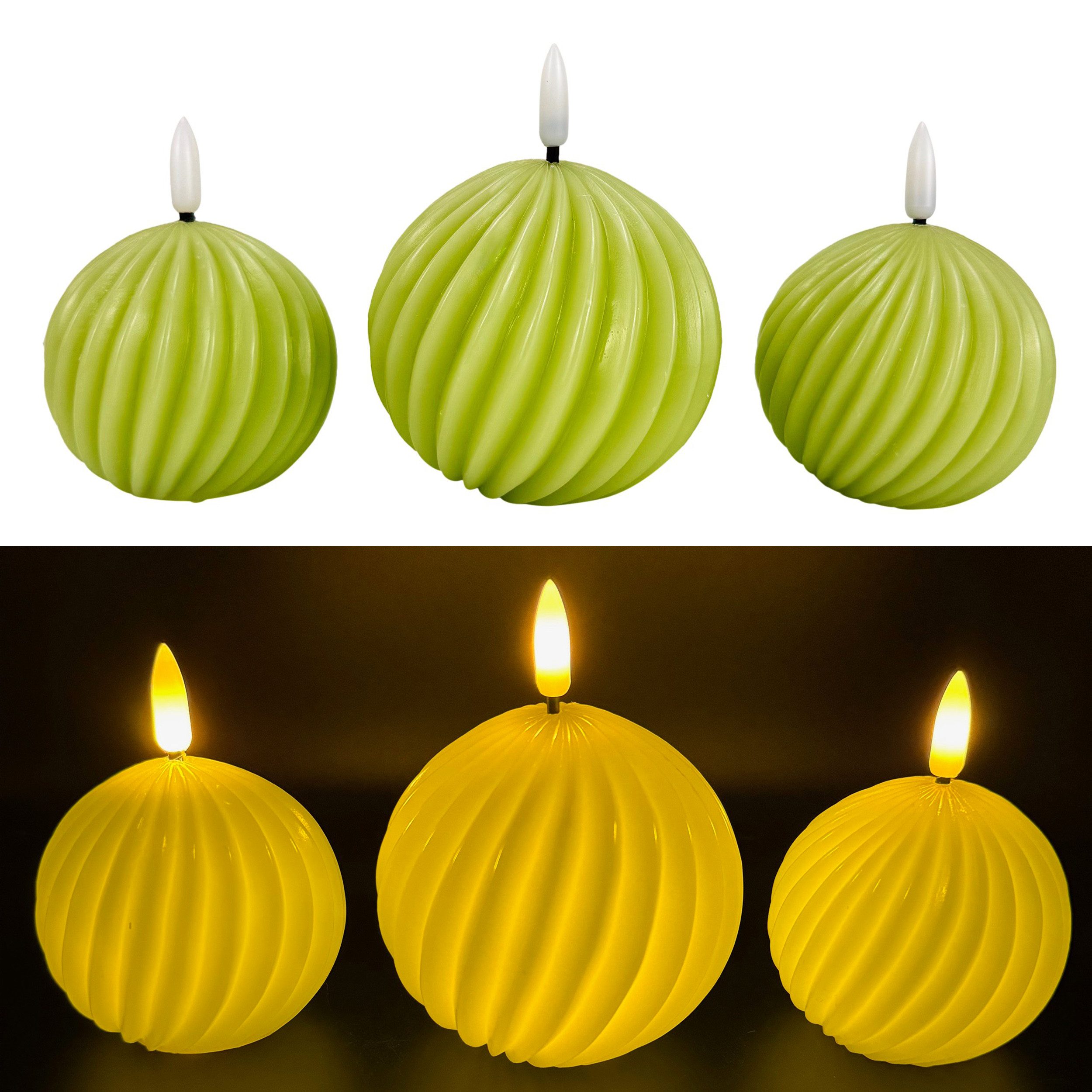 Online-Fuchs LED-Kerze 3er Set LED-Kugelkerzen mit Timer in moderner Rillenoptik (aus Echtwachs gefertigt, mit realistischer Flamme), sommerlich frische Farben: Gelb, Blau, Grün, Pflaume
