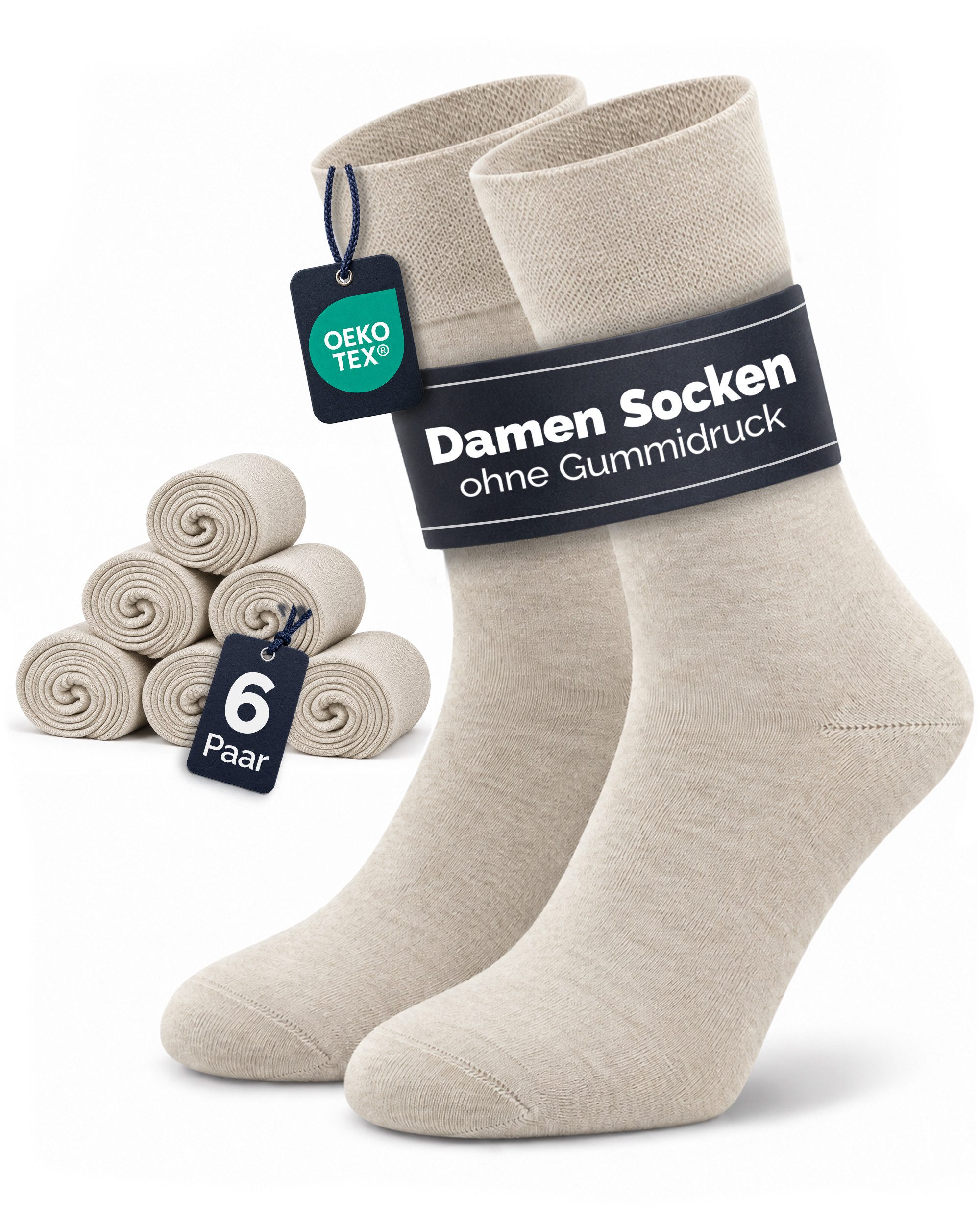 GAWILO Diabetikersocken für Damen ohne Gummidruck & ohne drückende Naht (6 Paar) Extra breiter Piquet-Strick am Komfortbund der nicht einschneidet