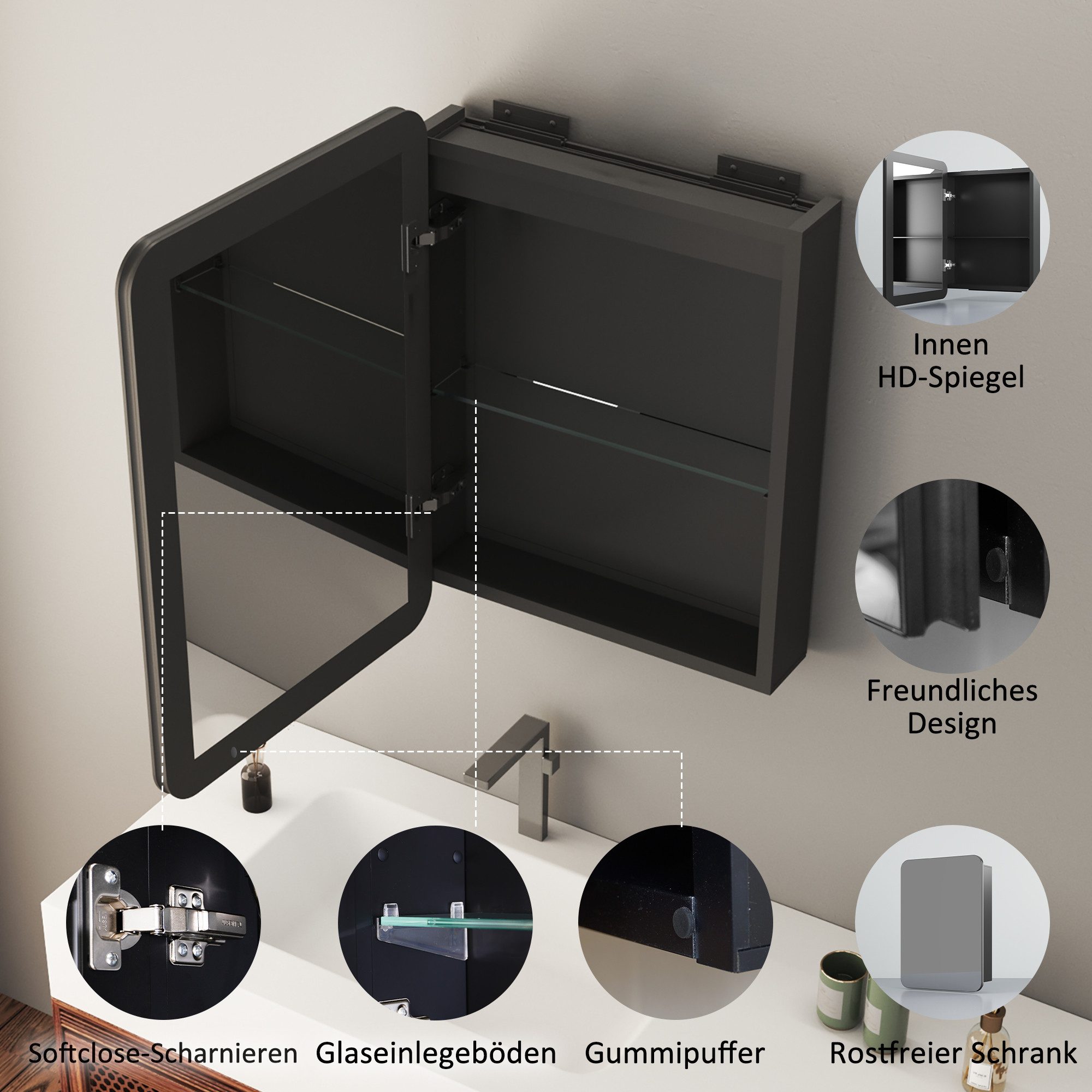Hopibath Badezimmerspiegelschrank Aluminium Spiegelschrank Schwarz 1 günstig online kaufen