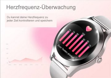 TPFNet SW31 mit Kunstleder Armband für Damen - individuelles Display Smartwatch (Android), Armbanduhr mit Musiksteuerung, Herzfrequenz, Schrittzähler, Kalorien etc. - Silber / Weiß