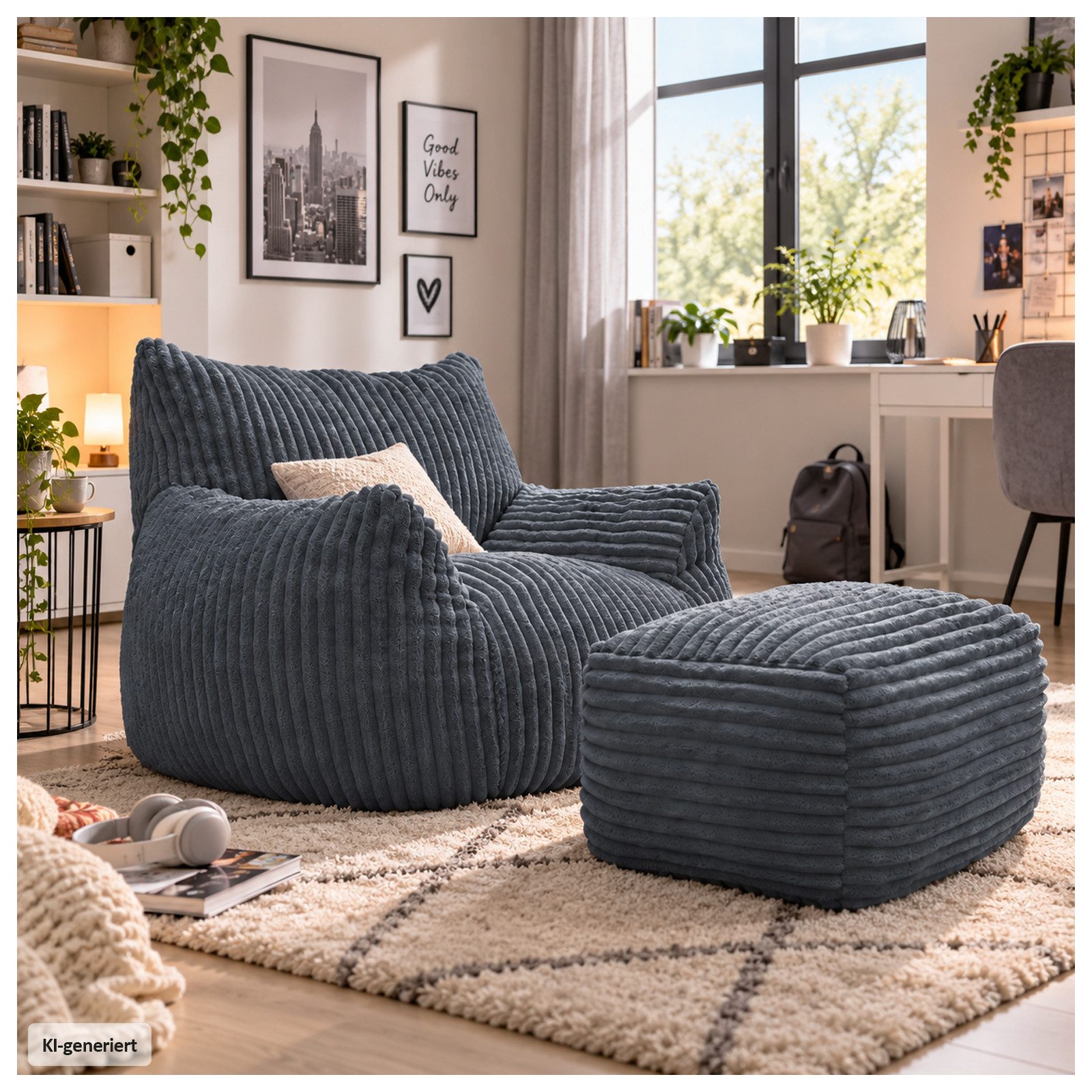 HTI-Living Loungesessel Softsessel Adina mit Hocker Grau Sitzsack Bodensessel 103 x 70 x 90 cm (Set, 2-St), gemütliche Sitzhöhe