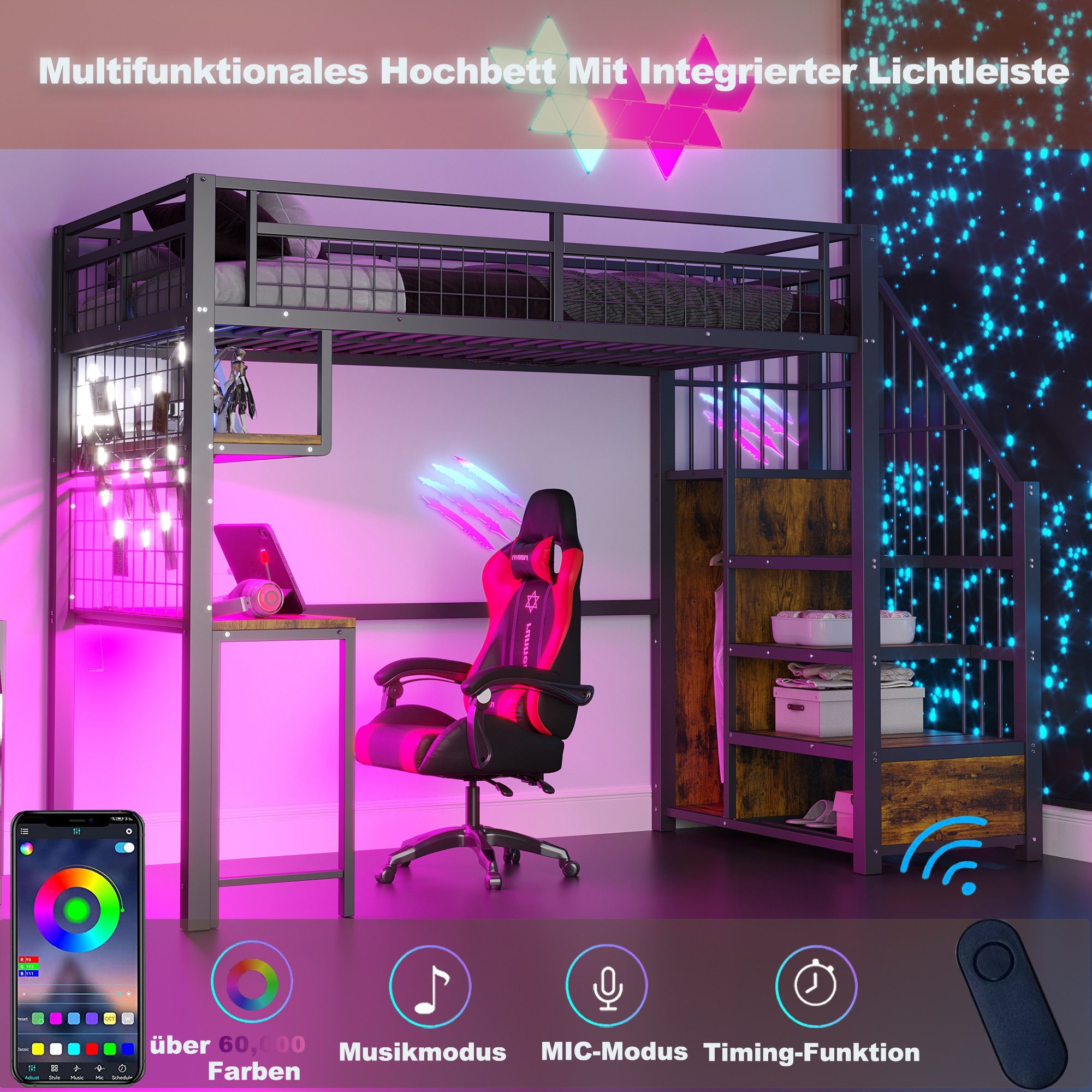 Odikalo Hochbett 90x200 Kinderbett Jugendbett mit Schreibtisch und LED (Mit Lichtleiste und Ladebuchse, Mit Stauraumleiter und einfachem Kleiderschrank, Komplett mit Regalen, Schreibtisch und Gitterregal, ohne Matratze)