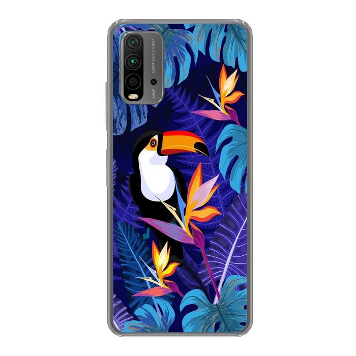 MuchoWow Handyhülle Dschungel - Tukan - Blumen - Pflanzen - Kinder - Lila - Tiere Phone Case Handyhülle Xiaomi Redmi 9T Silikon Schutzhülle