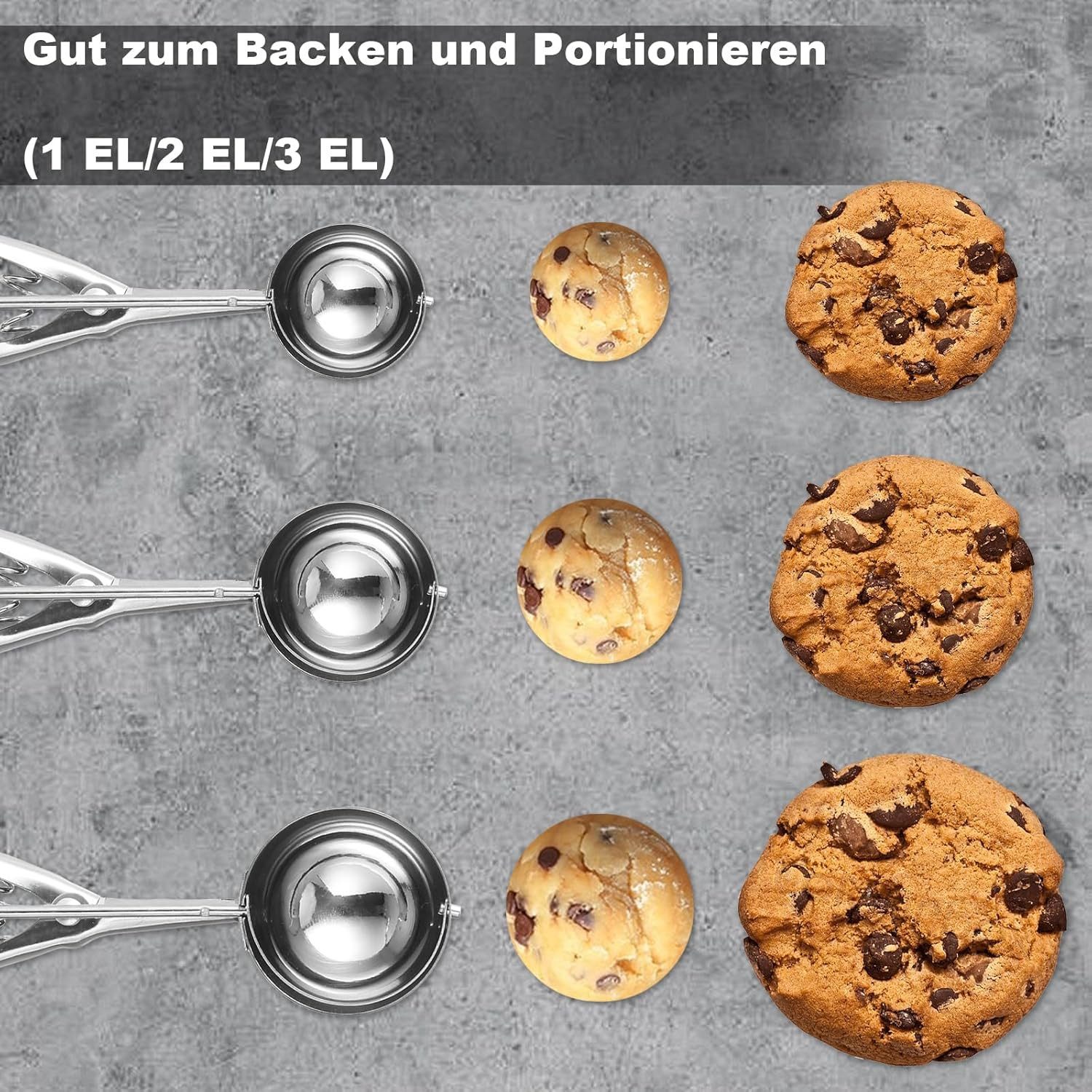 FOUORTUNATE-BEE Eisportionierer 3 Stück Eisportionierer Edelstahl (1 EL, 2 EL, 3 EL), für Cupcakes, Eiscreme, Muffins, Fleischbällchen, Melonenkugeln