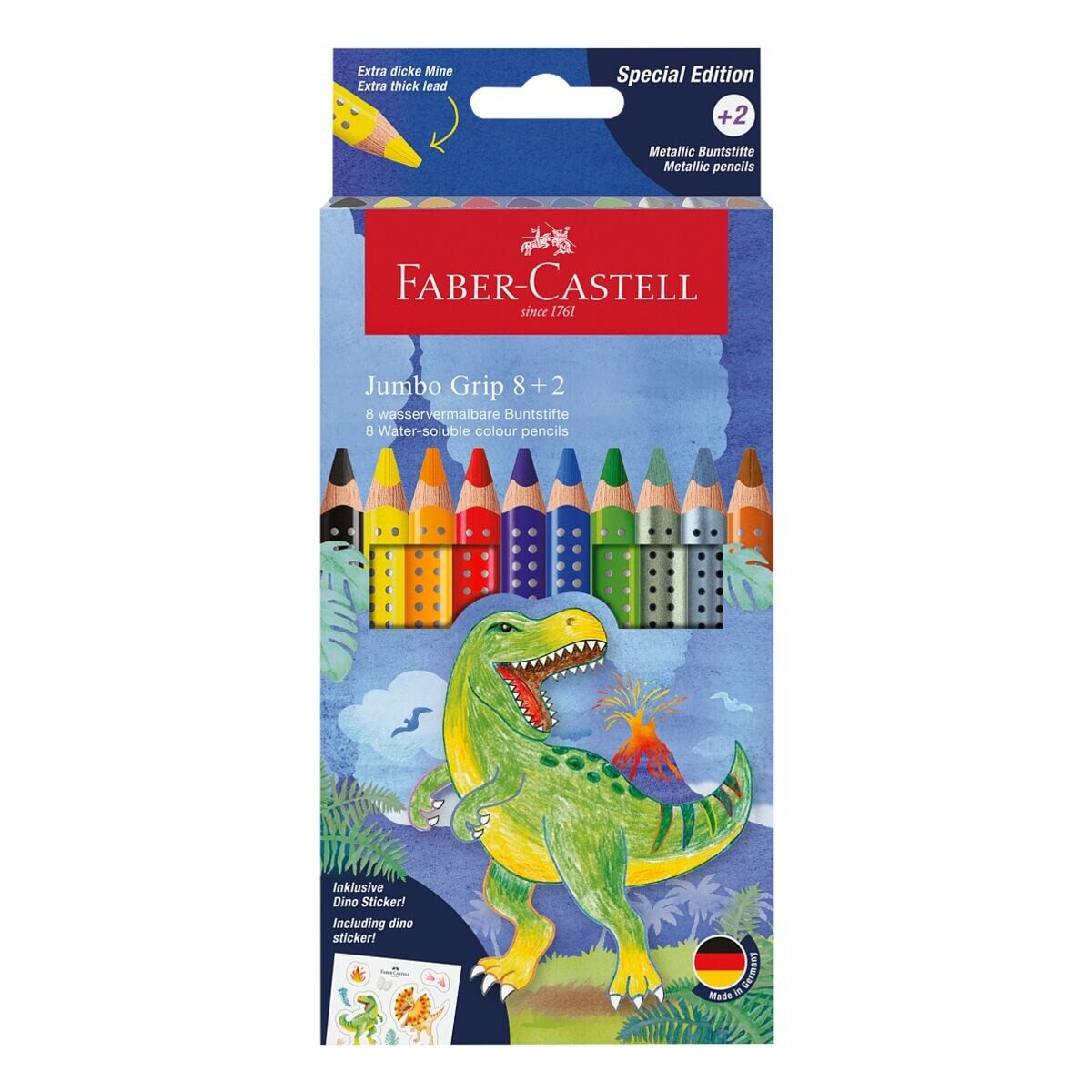 Faber-Castell Buntstift Jumbo Grip 8 + 2, (10-tlg), inkl. Dino Sticker