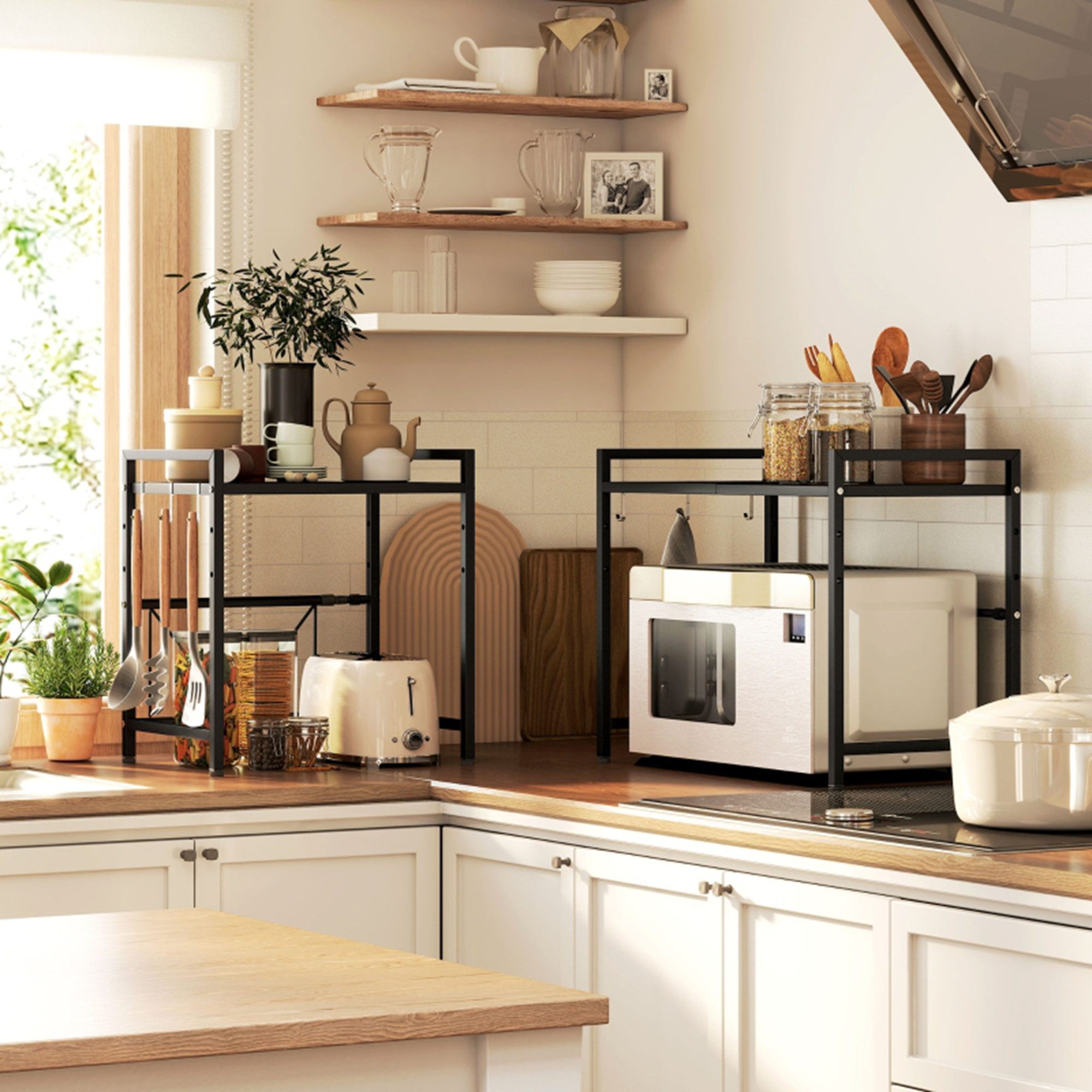 MC Star Küchenregal Erweiterbares Mikrowellenregal Mikrowellenständer, mit 3 Haken Küchenregal Mikrowellenhalter aus Metall, Schwarz