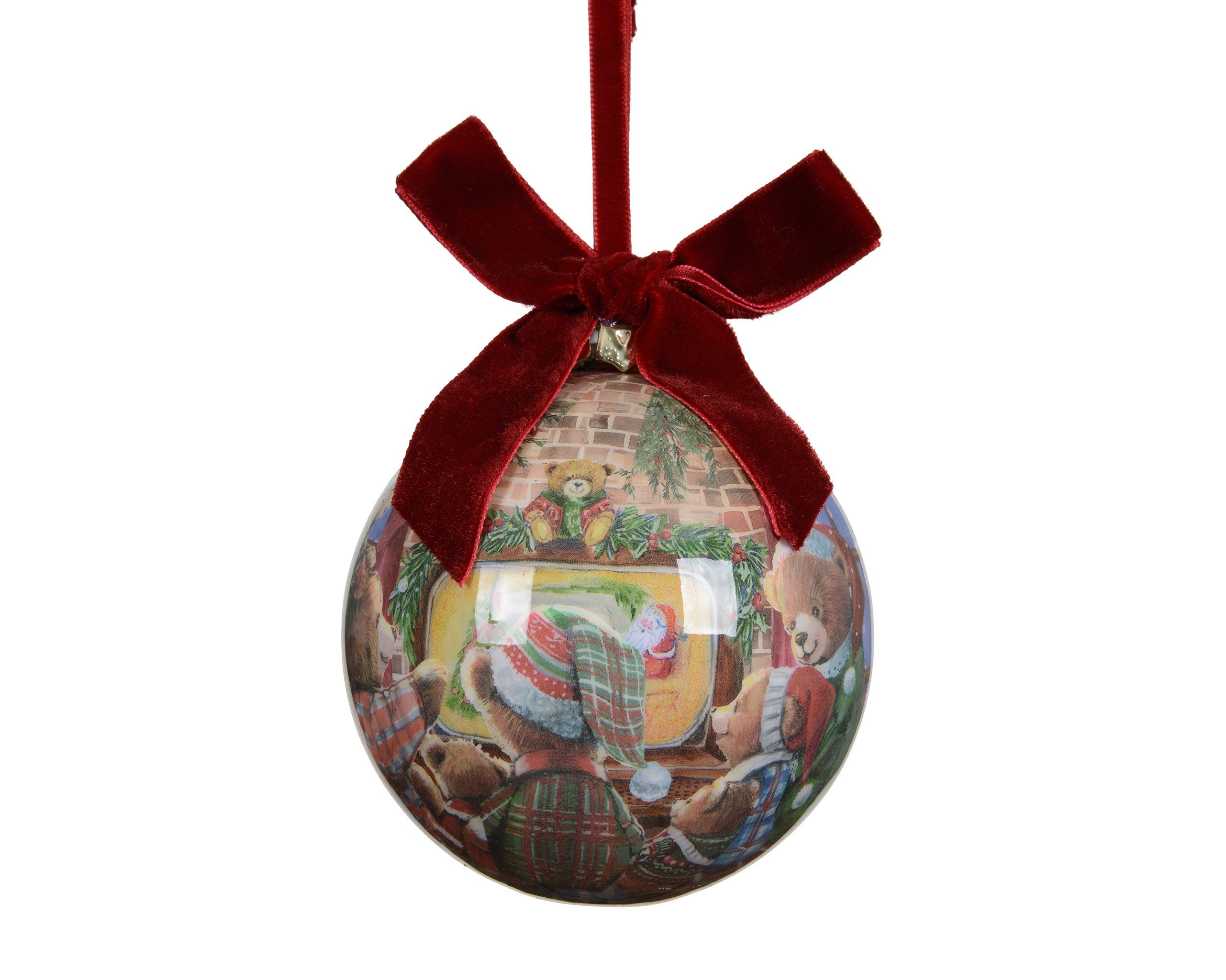 Kaemingk Weihnachtsbaumkugel, Weihnachtskugel Kunststoff 10cm mit Bärenfamilie Motiv Bunt / Rot