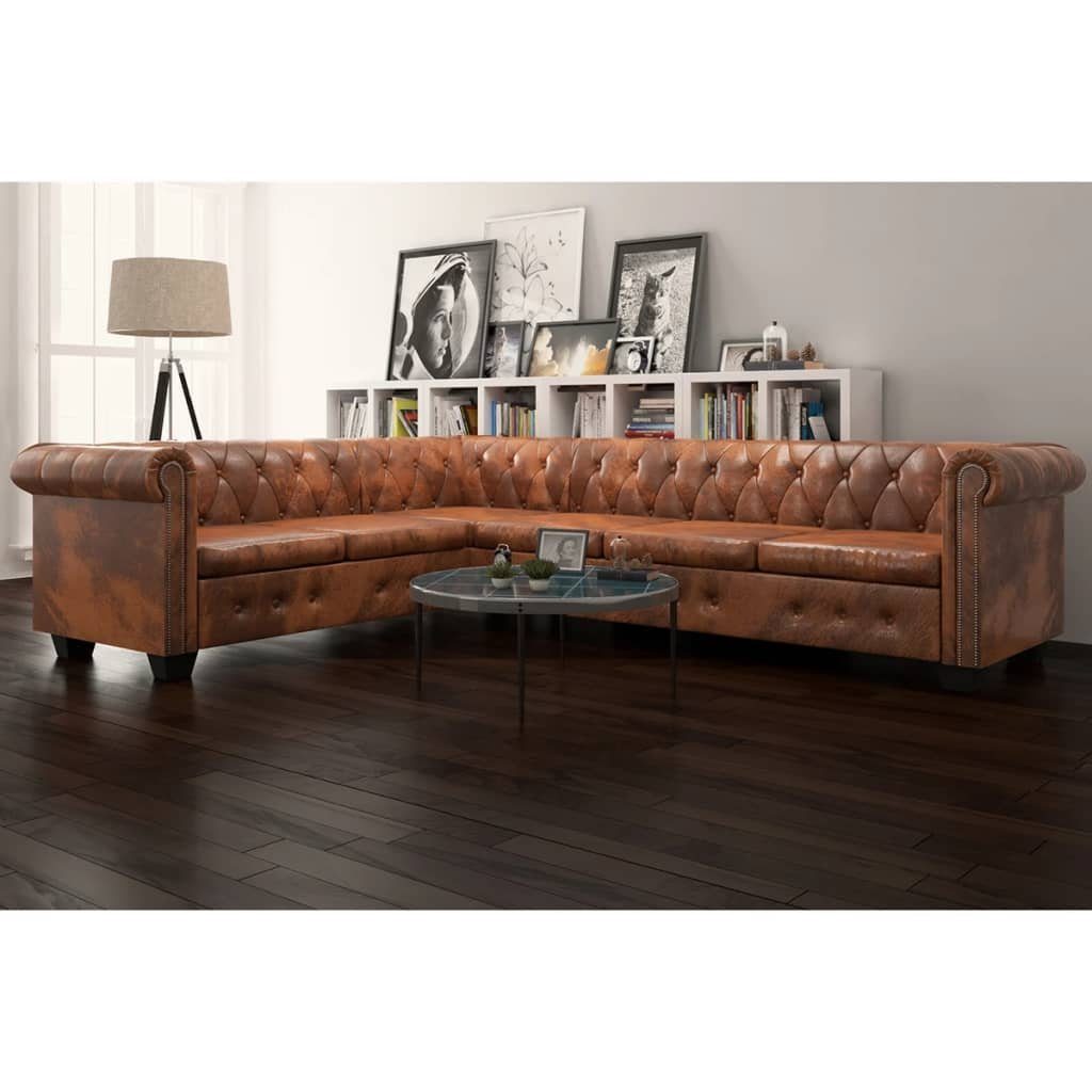 furnicato Ecksofa Chesterfield 6-Sitzer Kunstleder Braun | Ecksofas