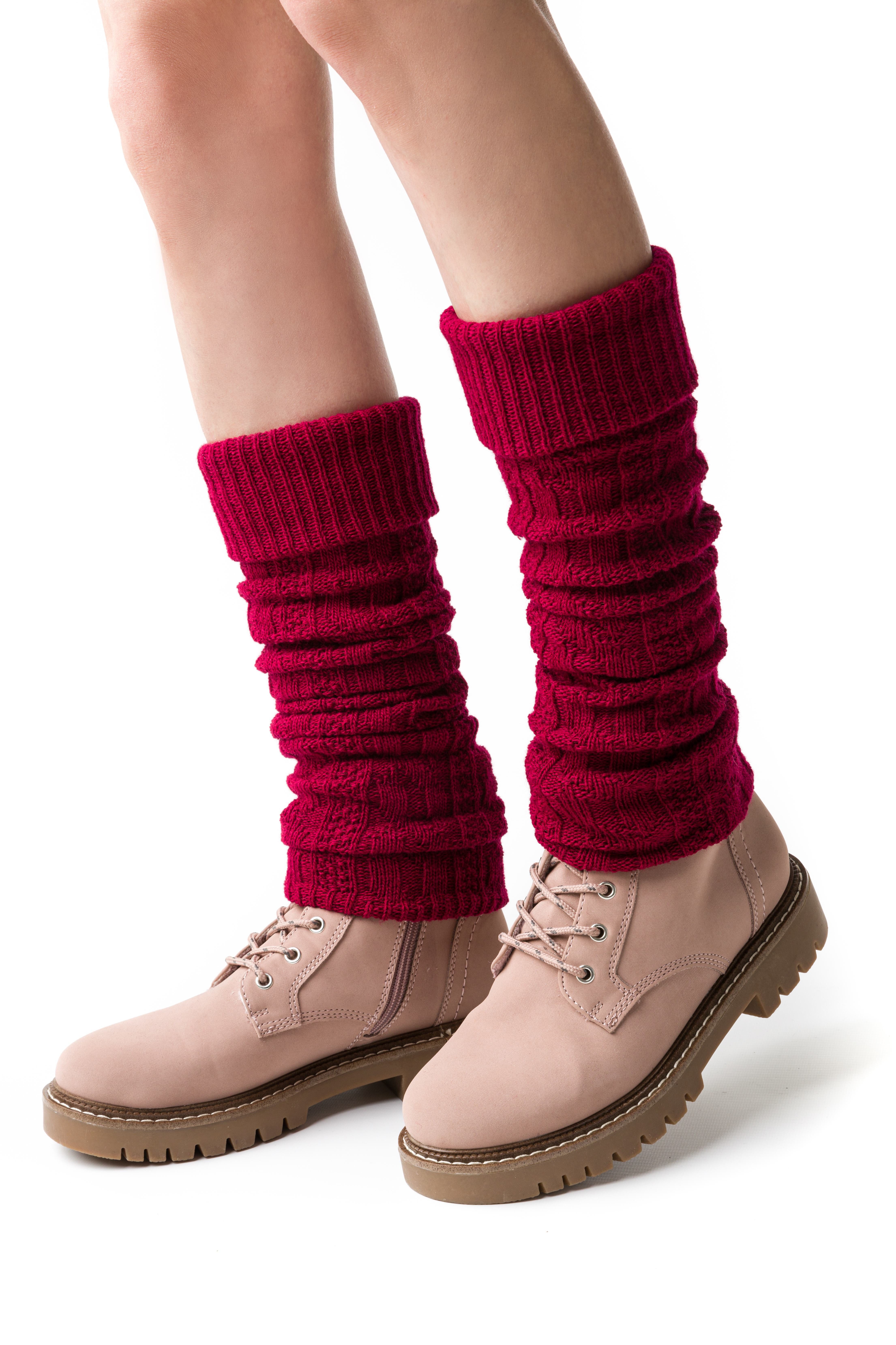 Lycille Beinstulpen 1 Paar Beinstulpen für Frauen aus Wolle mit Zopfmuster Overknees (1 Paar) Universalgröße, 36-40 cm Umfang, Feinstrick, ohne Fuß, weinrot