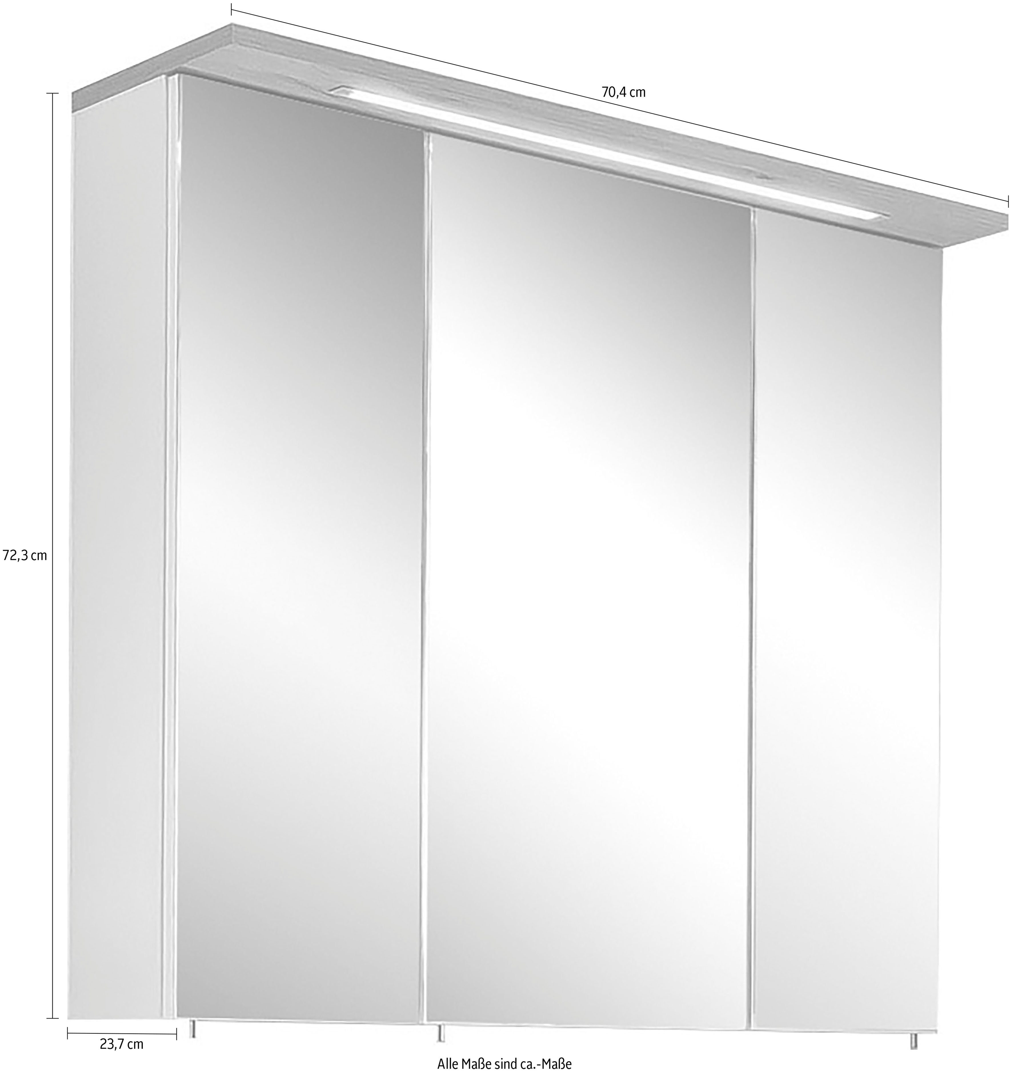 weiß cm, Glanz weiß Spiegelschrank 3-türig, Breite | Schalter-/Steckdosenbox LED-Beleuchtung, Profil Schildmeyer 70