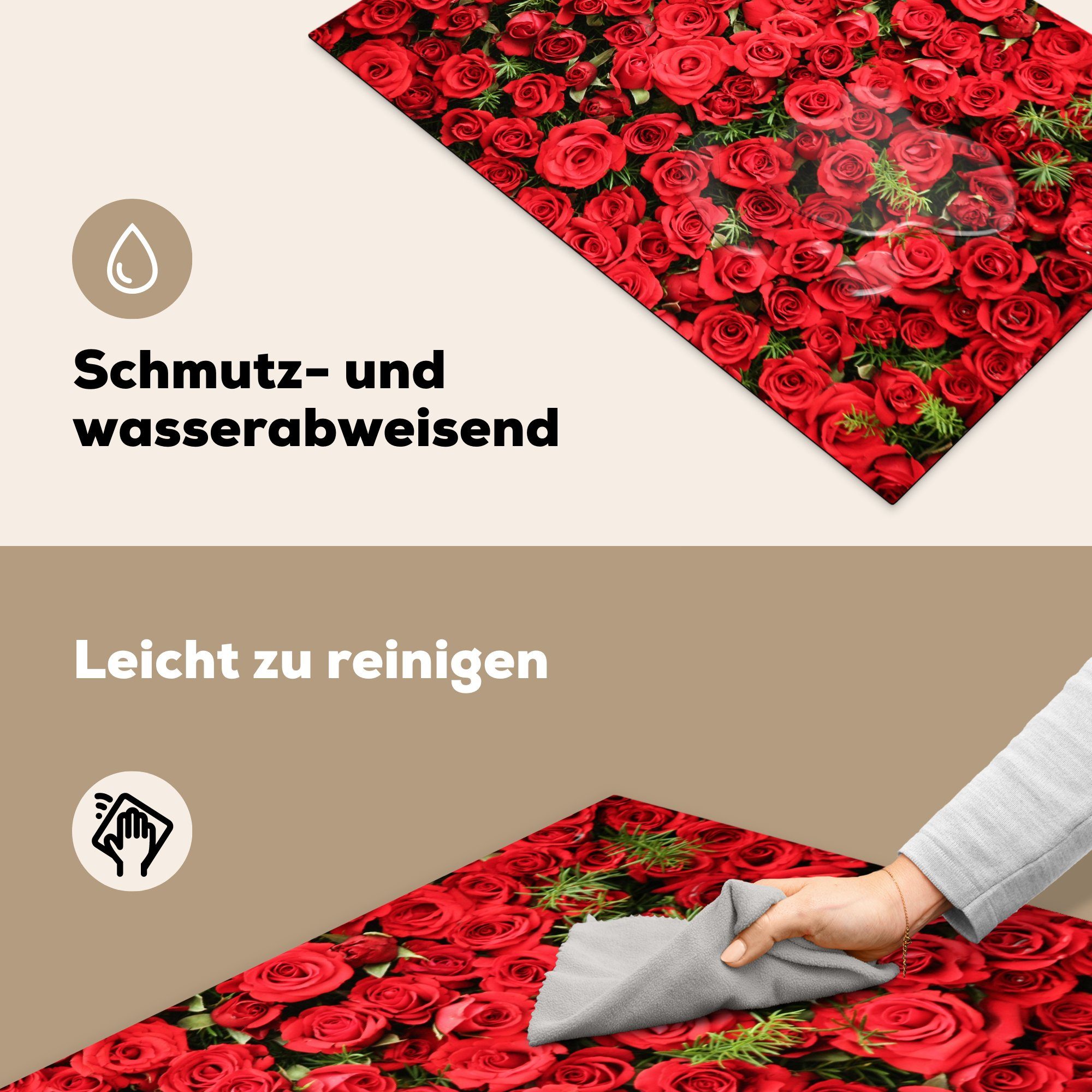 Vinyl, 81x52 küche, Herdblende-/Abdeckplatte MuchoWow Rot für Schutz die Rosen - Strauch, Ceranfeldabdeckung (1 tlg), cm, - Induktionskochfeld