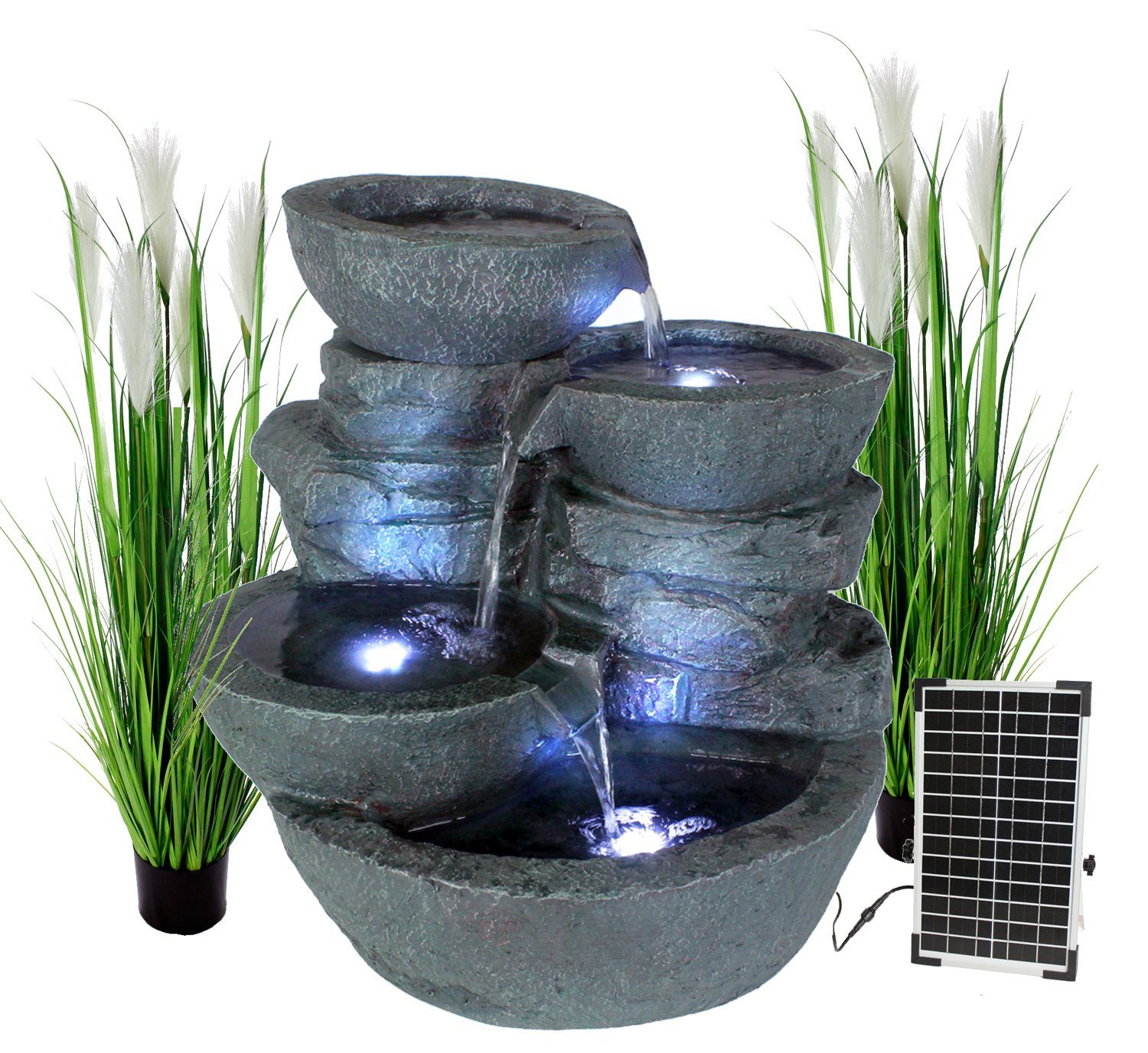 Arnusa Gartenbrunnen Solar Springbrunnen Cascades mit Beleuchtung, 50 cm Breite, aussen Wasserspiel LED Terrassenbrunnen Wasserfall