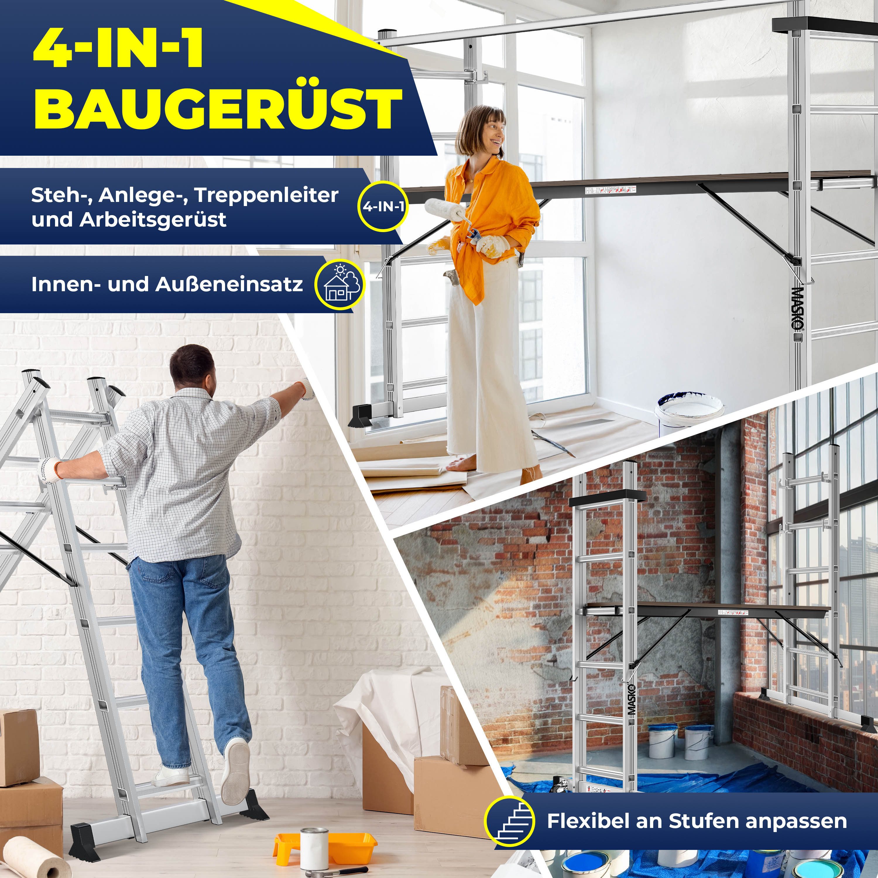MASKO Arbeitsgerüst Baugerüst mit Arbeitsbühne 4in1 Mehrzweckleiter, bis 150kg belastbar, als Anlegeleiter, Bockeiter, Treppenleiter & Gerüstleiter nutzbar