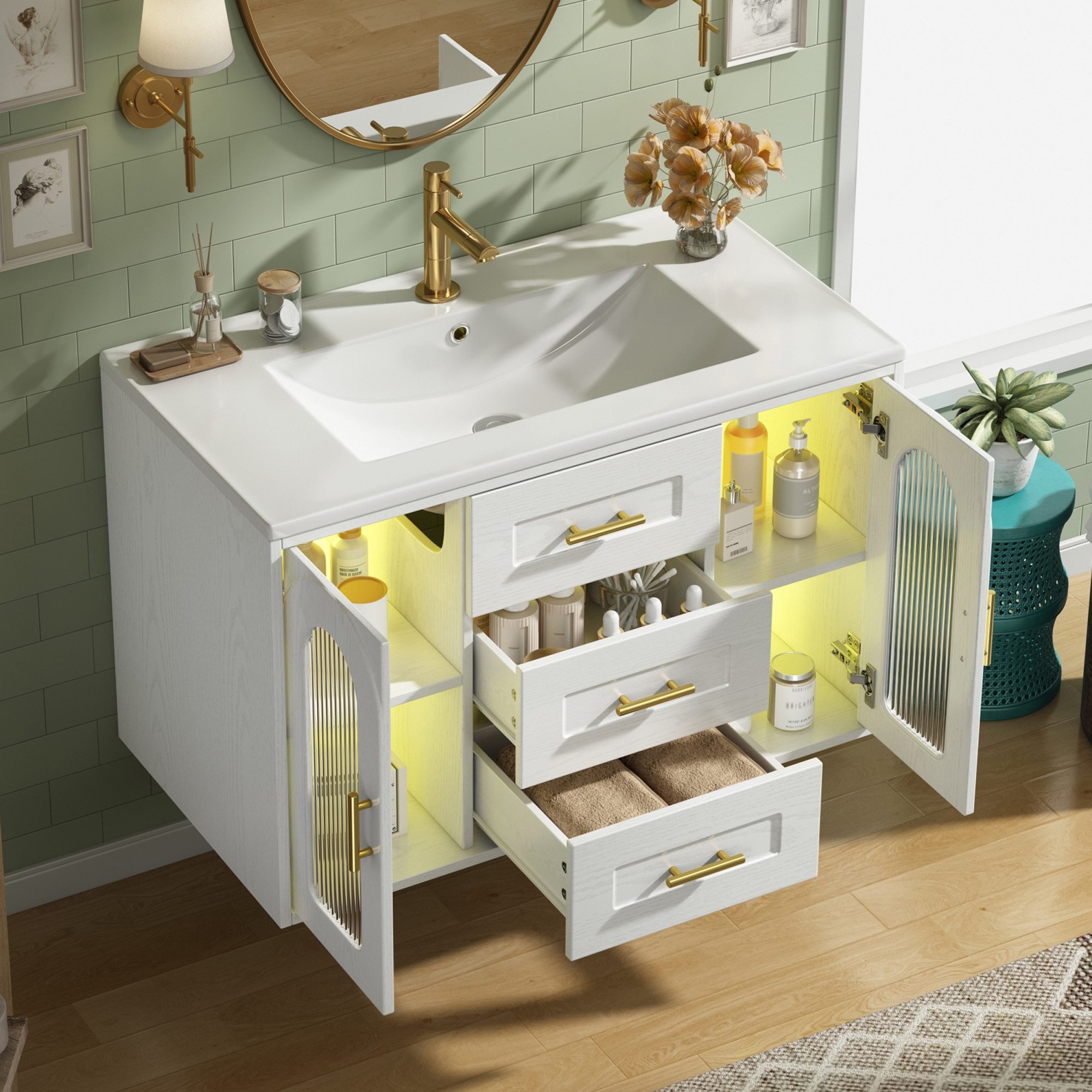 Flieks Waschtisch mit Led-Beleuchtung Waschbeckenunterschrank inkl. Waschbecken (B76/T46/H55 cm, 1-St., wandhängender Badschrank mit verstellbarer Einlegeböden), Badmöbel-Set mit 2 Schubladen und Glastüren Badezimmerschrank Weiß