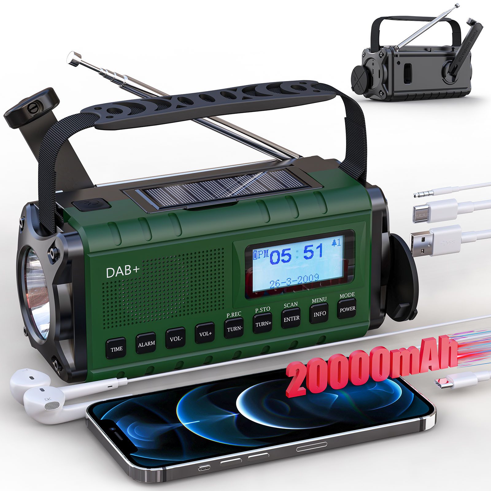 Solarbaby Multifunktionales Notfallradio, DAB+/FM Kurbelradio Notfallradio (mit Handy Ladefunktion, Wecker, SOS Alarm)