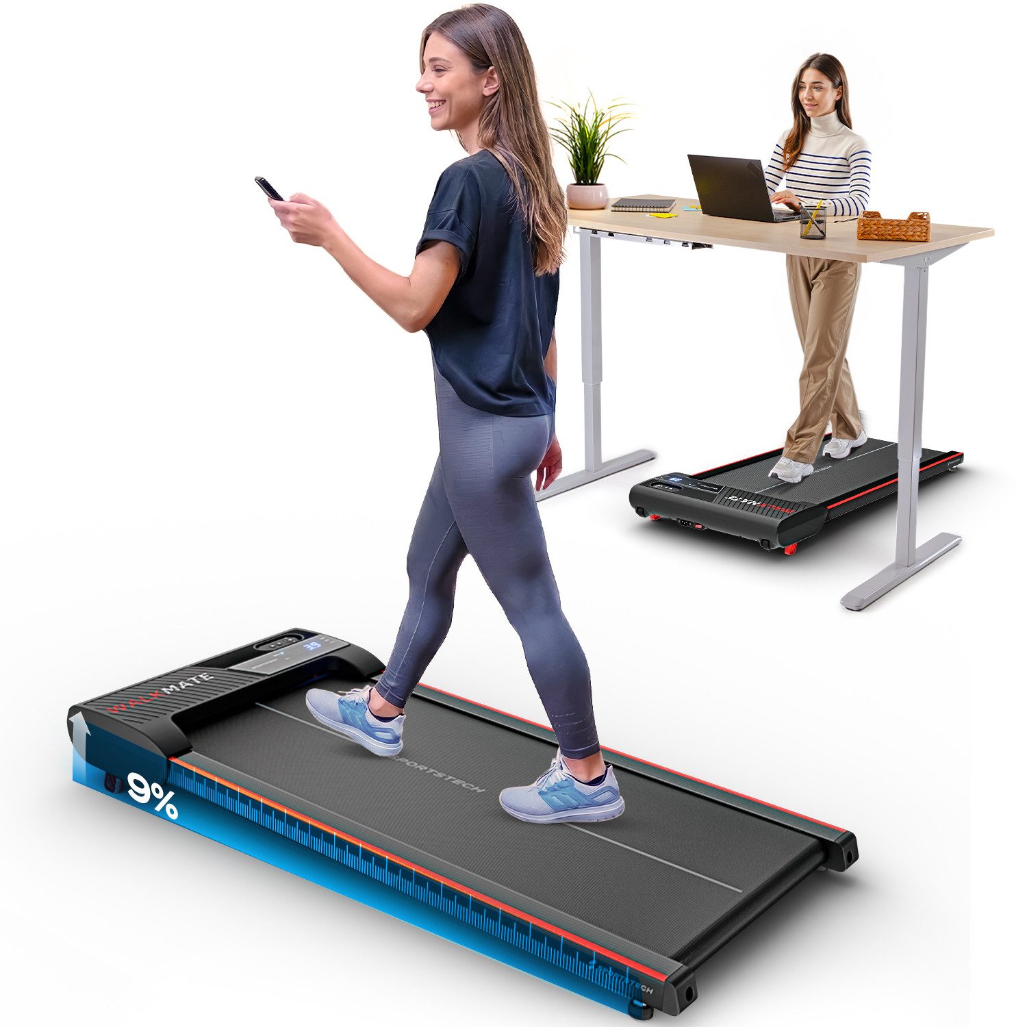 Sportstech Laufband WalkMate, Walking Pad für Zuhause, 6km/h, Schrittzähler, Transportrollen