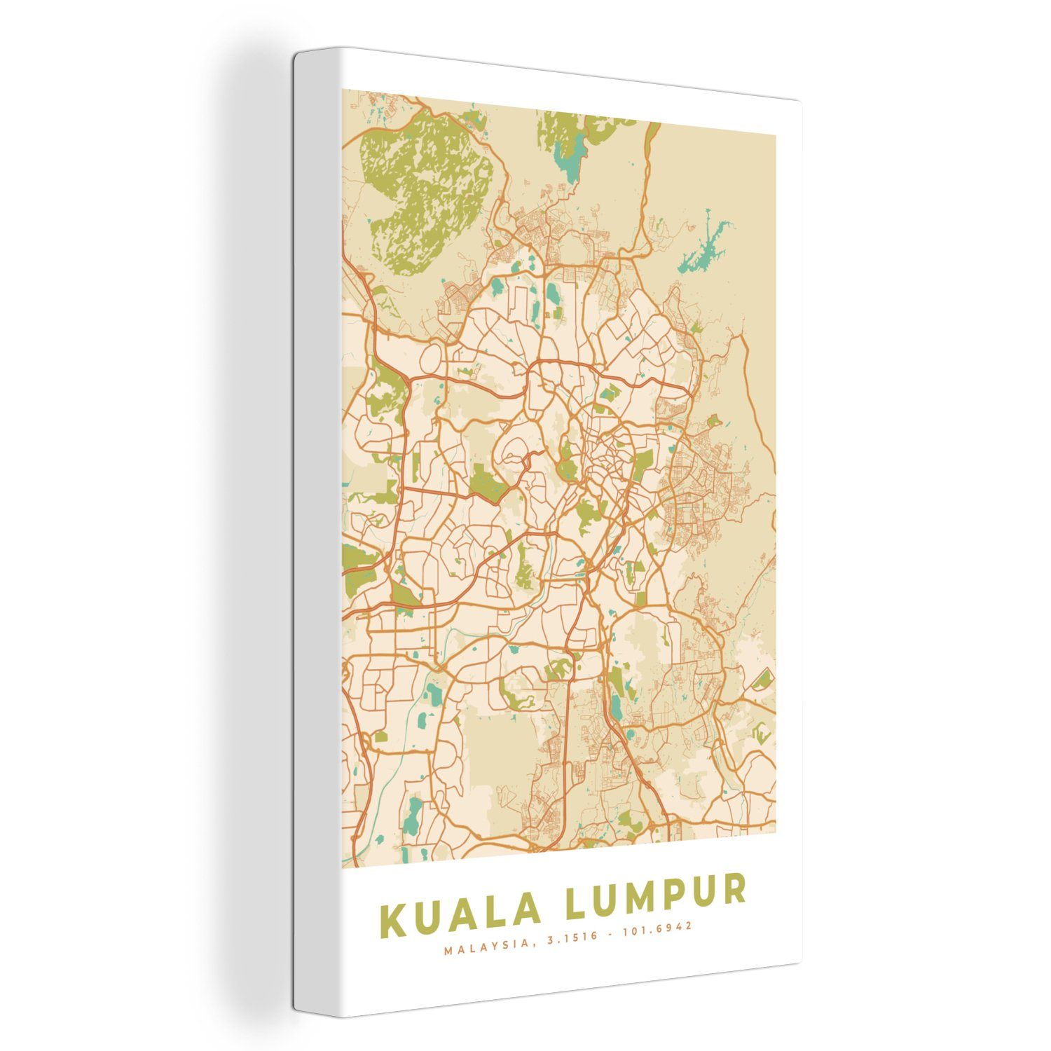 Stadtplan Lumpur Zackenaufhänger, Vintage, bespannt Leinwandbild (1 Gemälde, cm OneMillionCanvasses® Karte inkl. St), - Kuala - 20x30 Leinwandbild - fertig