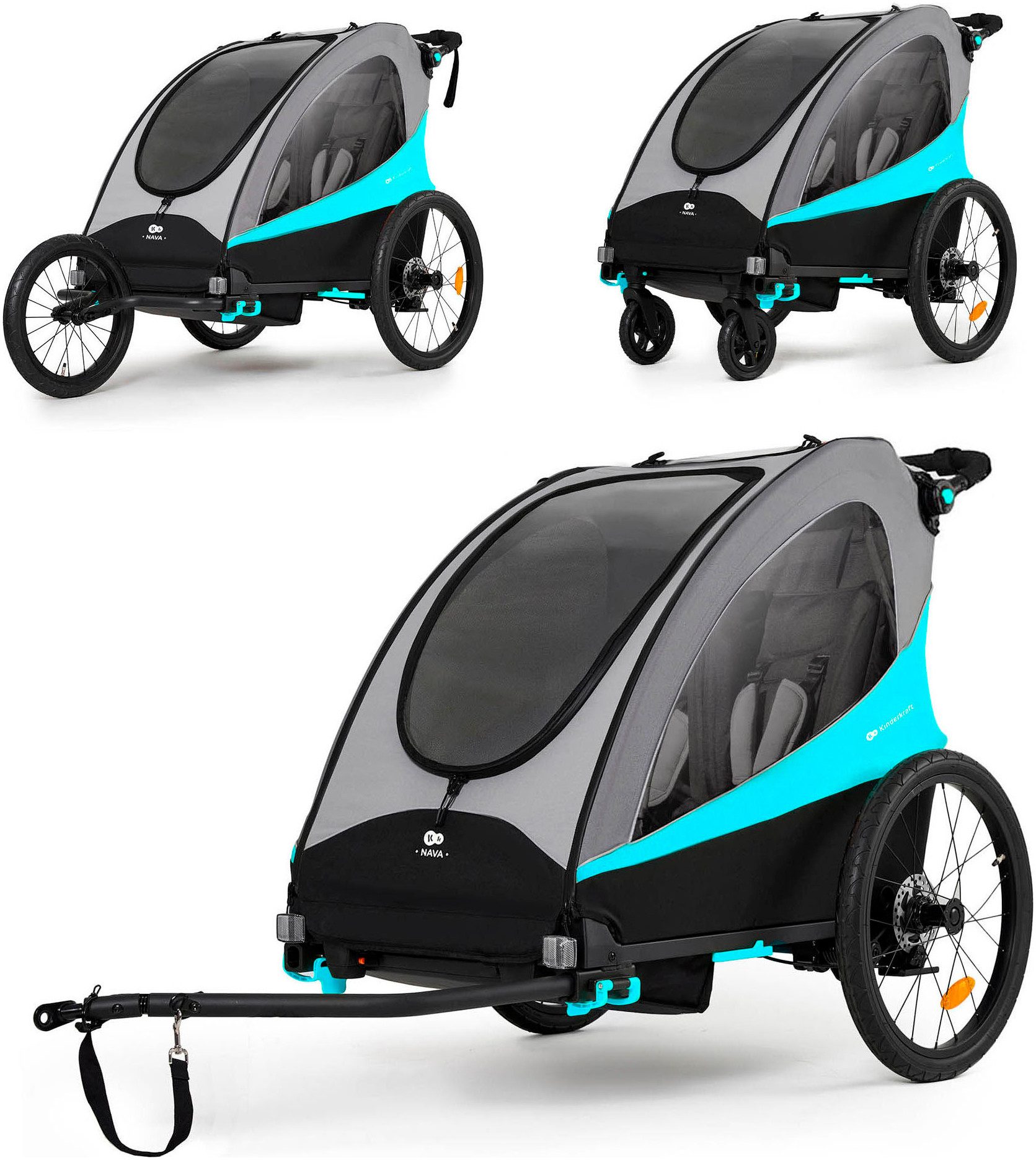 Kinderkraft Fahrradkinderanhänger NAVA, 3in1 Fahrradanhänger, Buggy & Jogger, Hand- & Fußbremse, für 2 Kinder