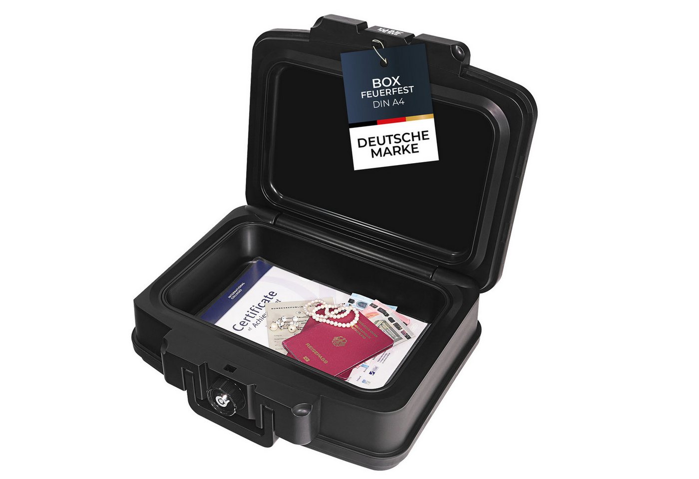 HMF Geldkassette Feuerfeste und wasserdichte Dokumentenkassette, Tresor zum Schutz von Wertsachen, 44,5x16,5x33 cm, DIN A4, schwarz