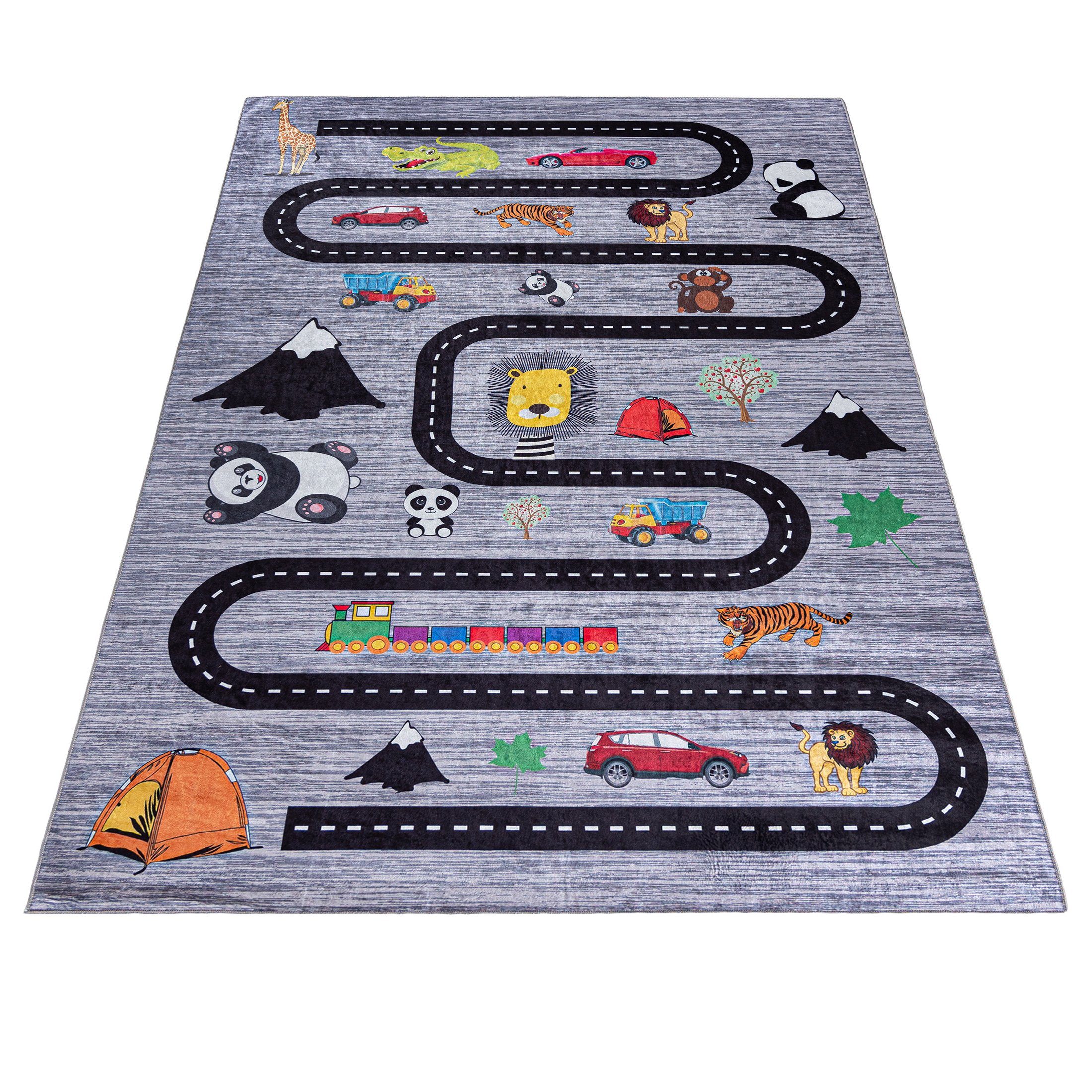 Mazovia Kinderteppich Teppich 1711A PRINT Emma Collection, 80 x 150 cm, Waschbar, Anti-Rutsch, Spielteppich Straße Straßenteppich