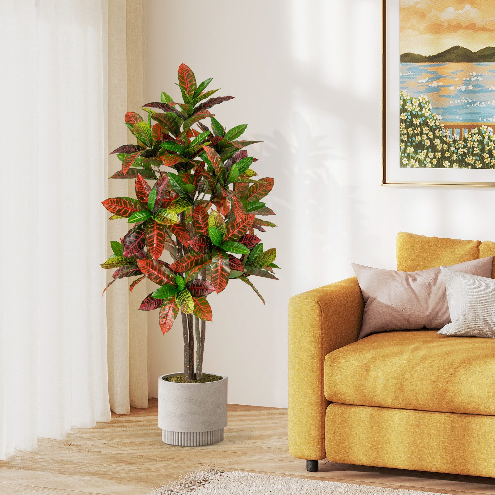 Kunstbaum Kroton, COSTWAY, Höhe 150 cm, Kunstpflanze 150cm, Künstliche Pflanze Kroton