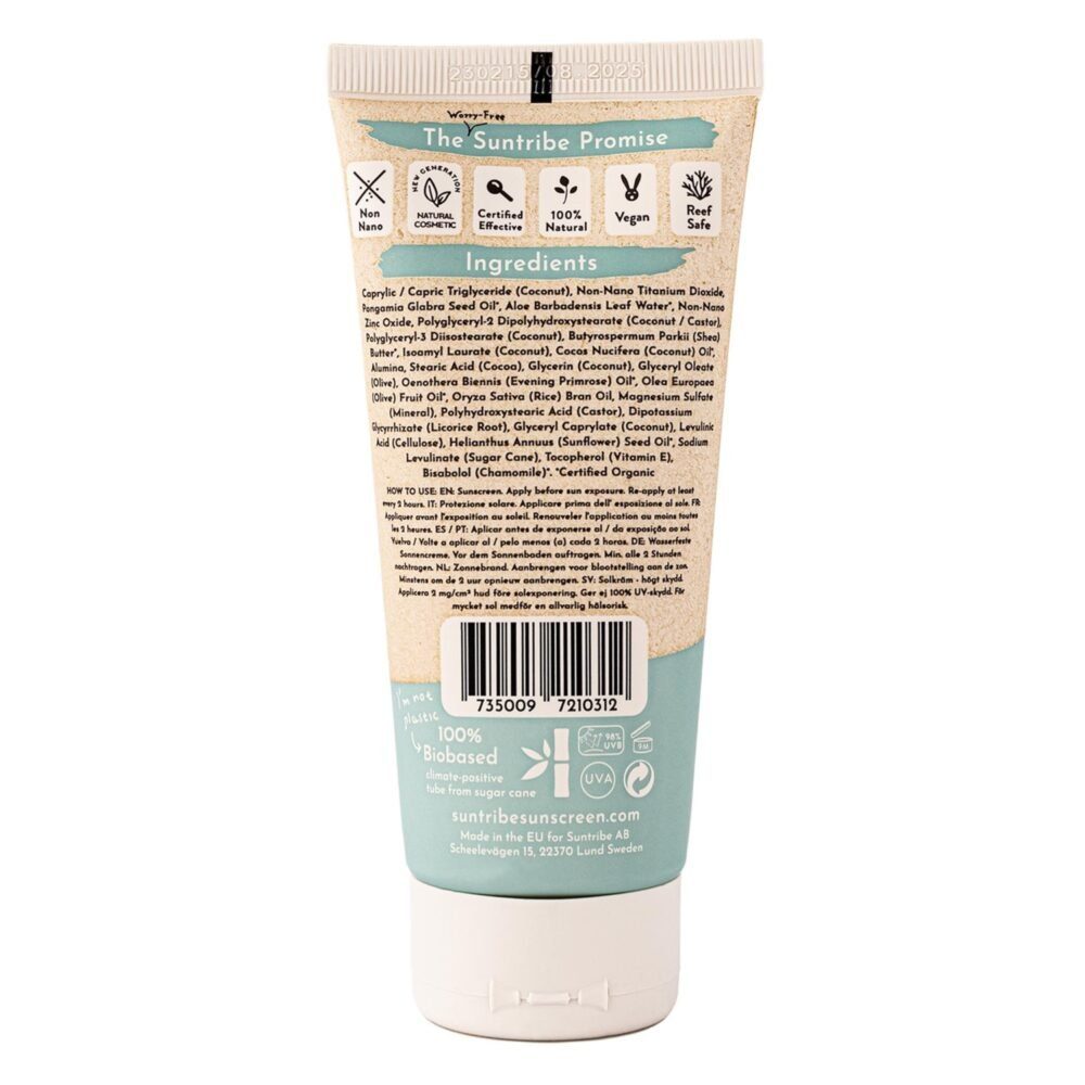 Suntribe Sonnenschutzcreme BIO Mineralisch LSF 50 - Sonnencreme ohne chemische UV-Filter, 1 Tube 100 ml, 100% Natürlich - 0% Zusätze - 0% Mikroplastik, 0% Nano