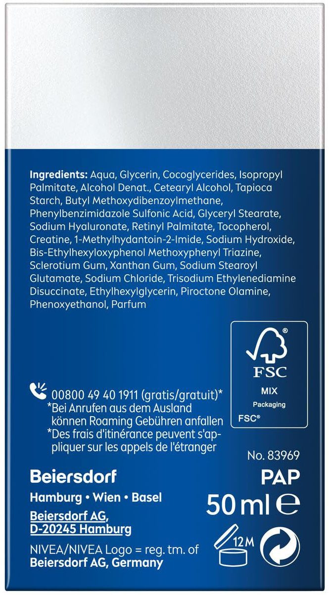 Nivea Men Anti-Aging-Creme ANTI-AGE HYALURON LSF 15, Feuchtigkeitspflege, mildert tiefe Falten, vegan.