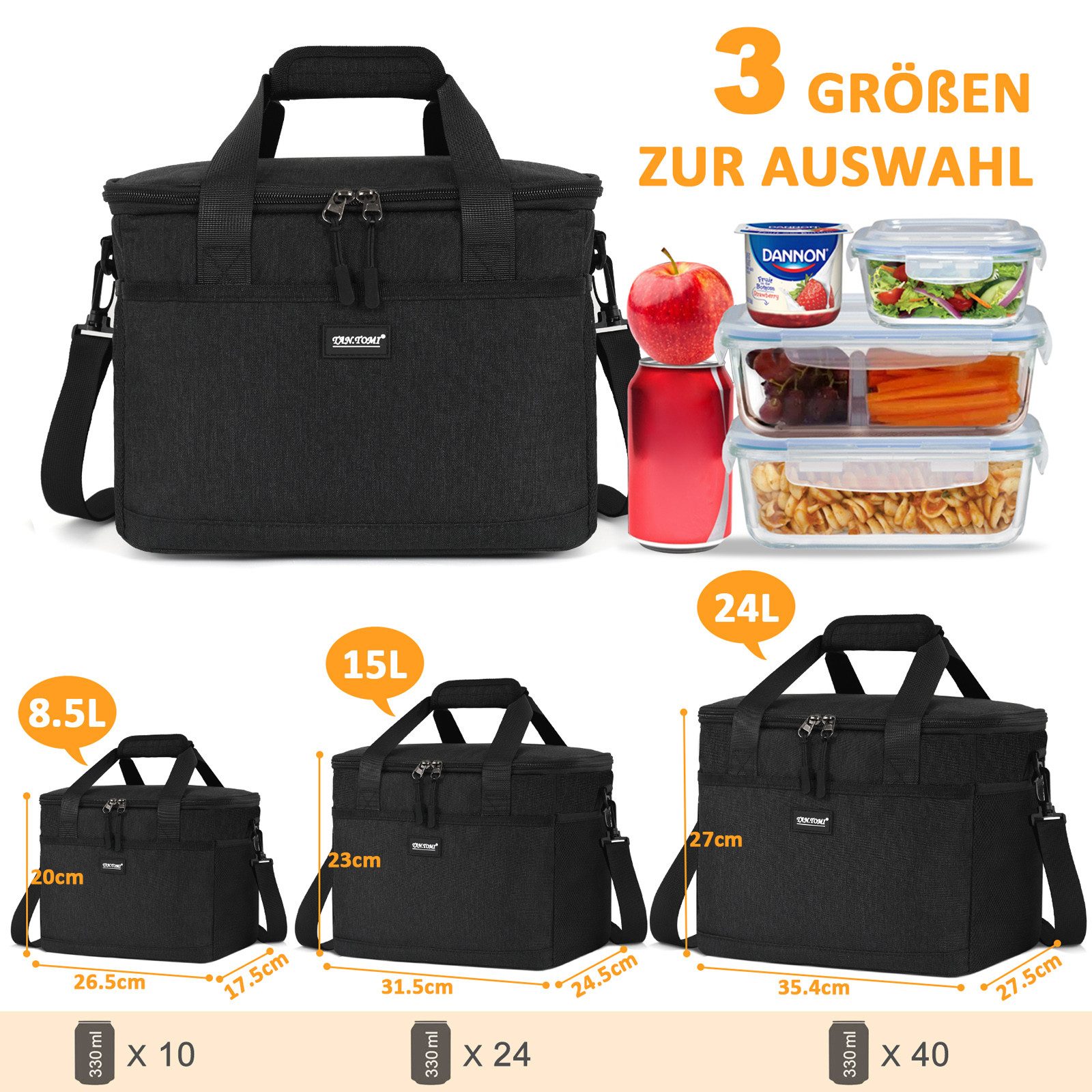CALIYO Thermobehälter Kühltasche Faltbar Thermobehälter für Essen mit Reißverschluss, Polyethylen (PE), (Faltbar aus wassedichtem Material für Arbeit, Schule und Picknick), 8.5L /15L / 24L (Grau/Schwarz)