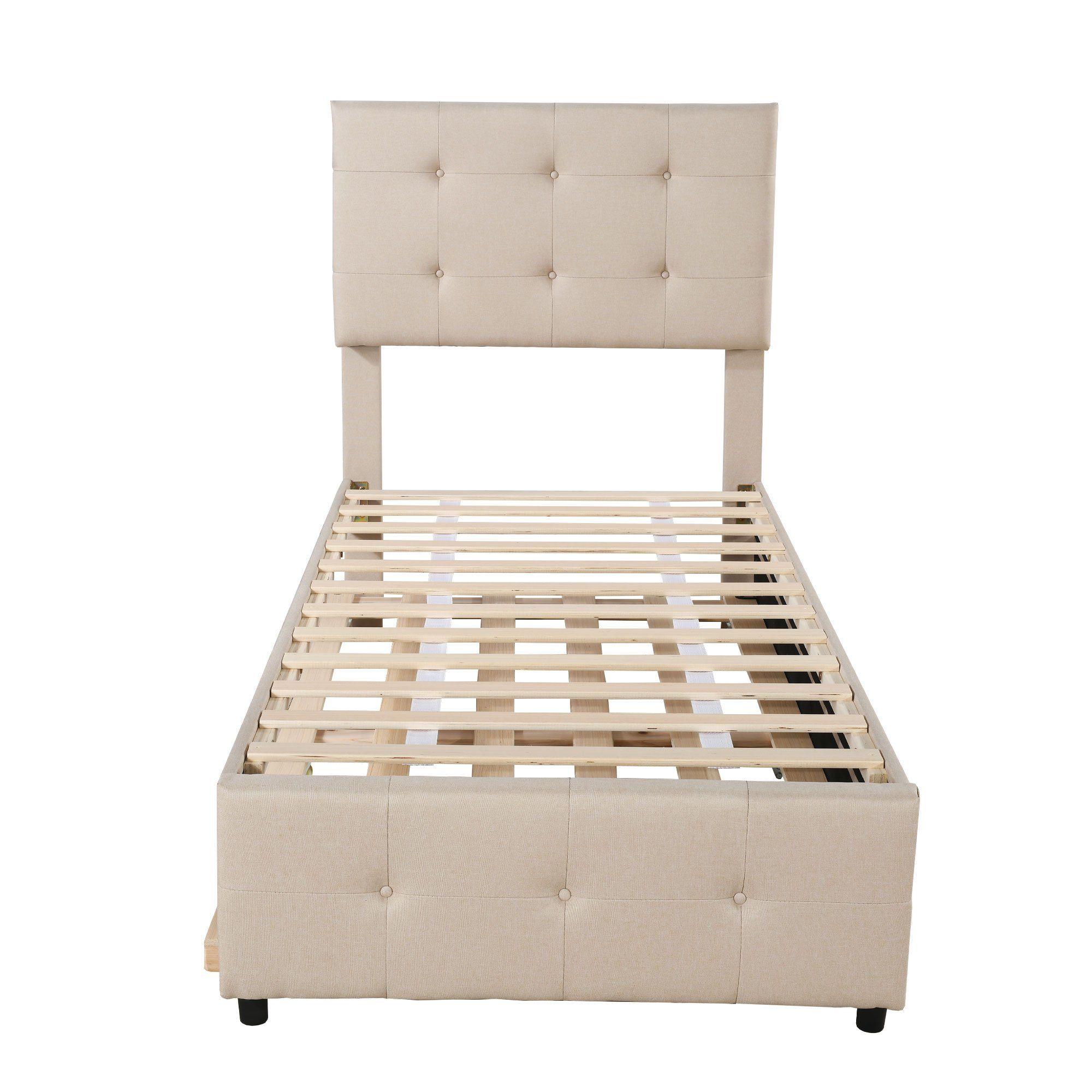 Polsterbett (Einzelbett 90x200cm), mit verstellbarem Kopfteil und Ausziehbett 90x190cm, Bezug aus Leinen