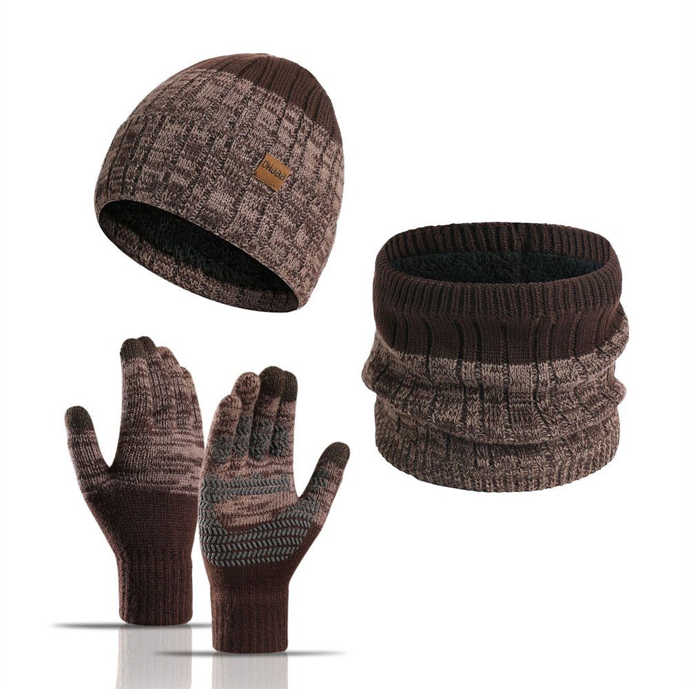 ManKle Strickhandschuhe Herren Winter Warm Beanie Mütze Schal und Touchscreen Handschuhe Set Khaki