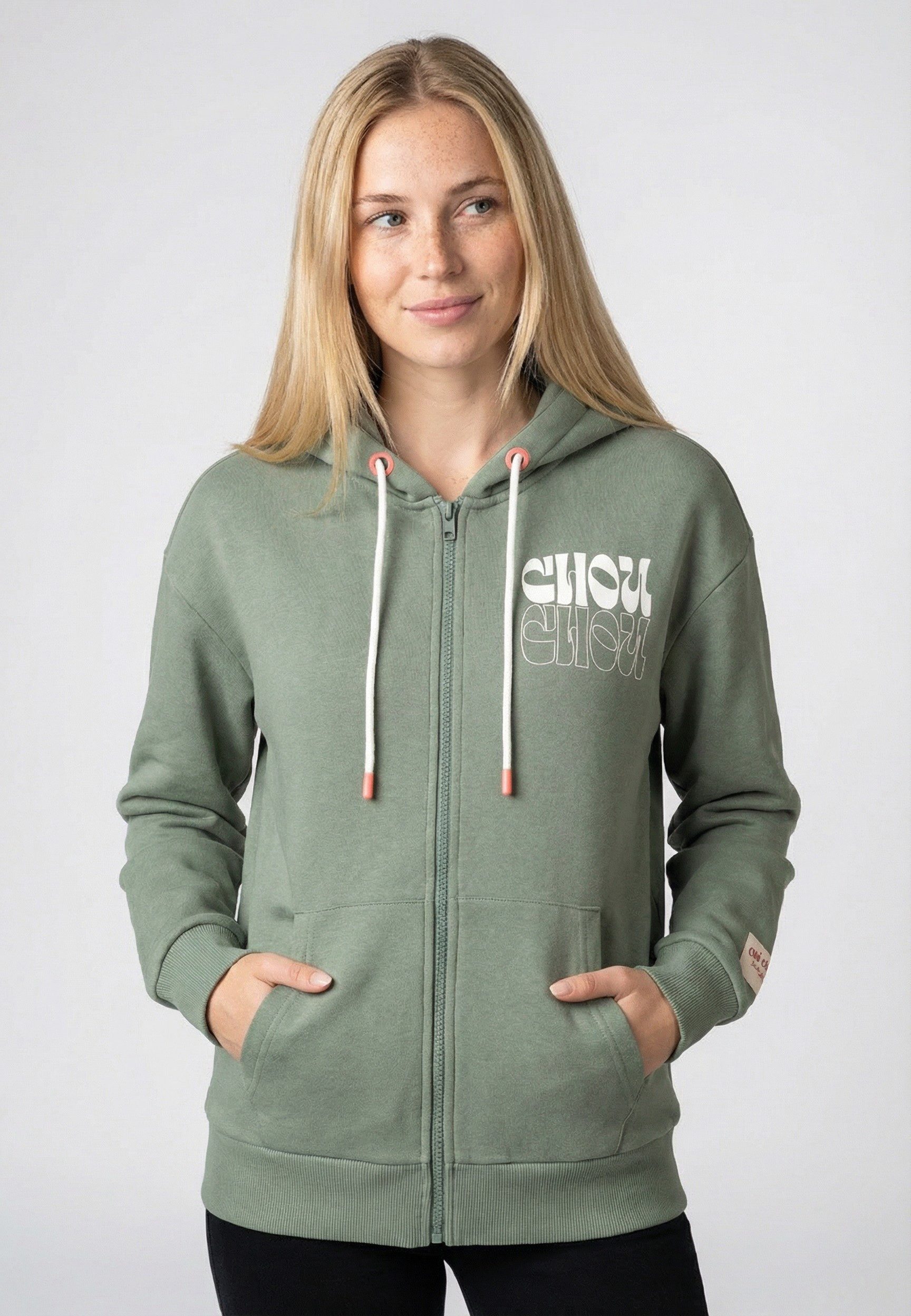 Eight2Nine Kapuzensweatjacke Damen ZIP Sweatjacke mit Backprint Hoodie, Kapuzenpullover, Zipperjacke mit Kängurutasche und Kapuze