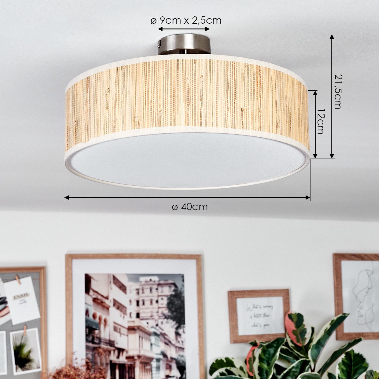 hofstein Deckenleuchte Deckenlampe aus Metall/Seegras/Stoff/Kunststoff in Naturfarben/Weiß, Deckenleuchte im modernen Boho-Design, Ø 40 cm, E27 – Bild 4 von 5