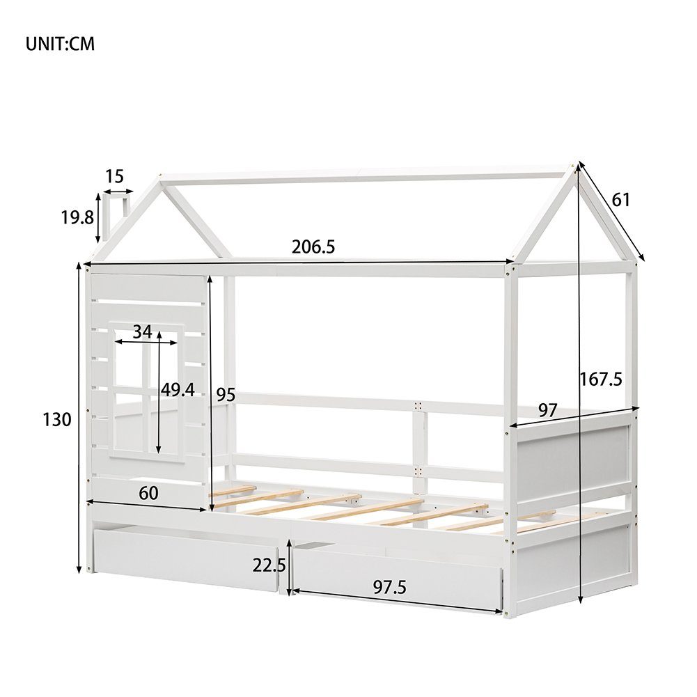 Hausbett, Kinderbett 200x90 cm mit Rausfallschutz und Lattenrost, Massivholzbett Jugendbett für Mädchen & Jungen