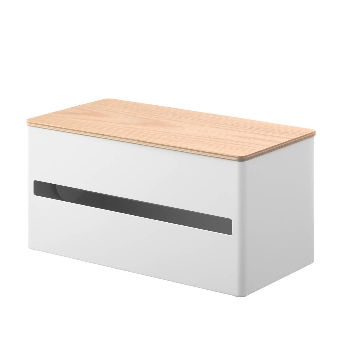 Yamazaki Küchenrollenhalter "Rin" Design Rollenhalter Küchenrolle quer stehend m. Ablage aus Holz, hochwertig aus Metall im Querformat mit Holzablage