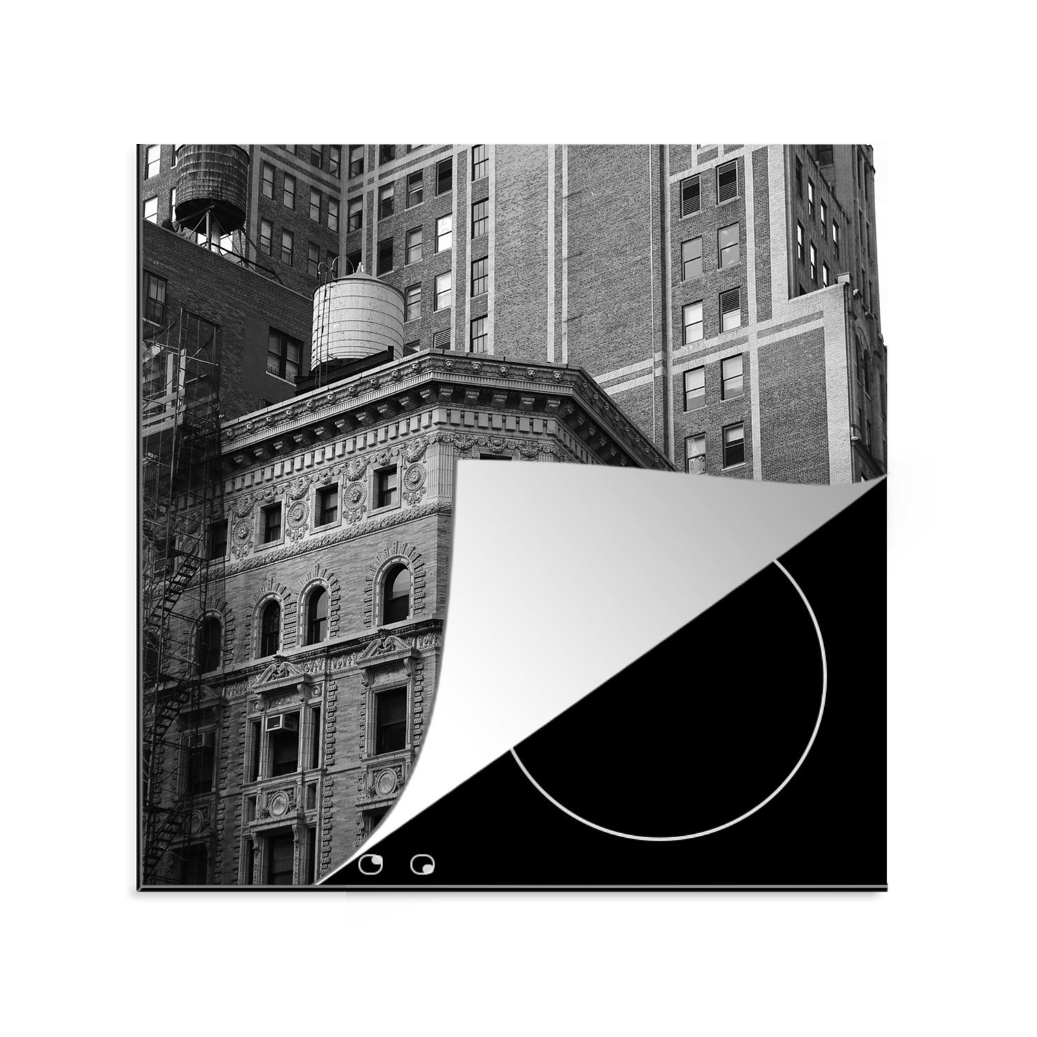 MuchoWow Herdblende-/Abdeckplatte Sich überschneidende Gebäude am Broadway in Schwarz-Weiß, Vinyl, (1 tlg), 78x78 cm, Ceranfeldabdeckung, Arbeitsplatte für küche