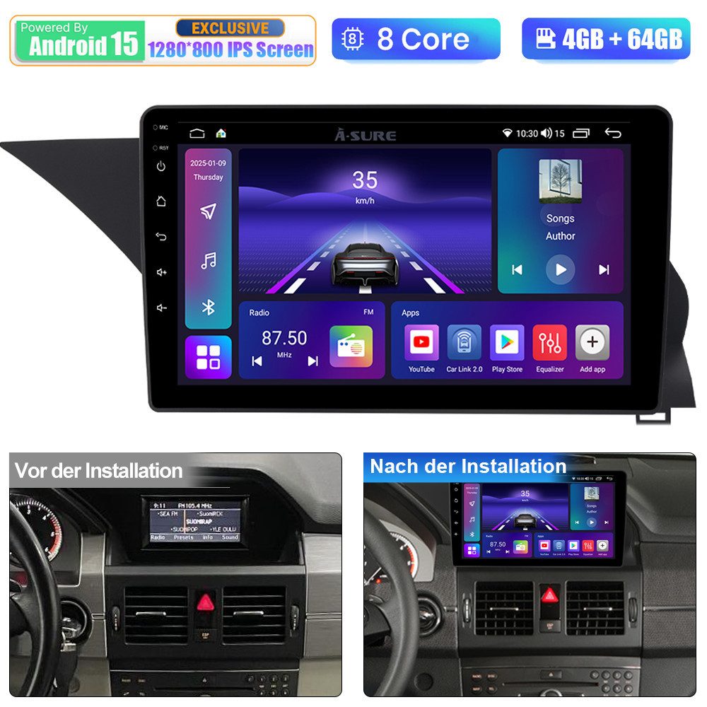 A-Sure 9" 8-Core Android 15 Carplay BT Navi Für Mercedes Benz GLK Klasse X204 Autoradio (Digitalradio (DAB), FM, AM, 1280*800 IPS Screen/8-Core CPU)