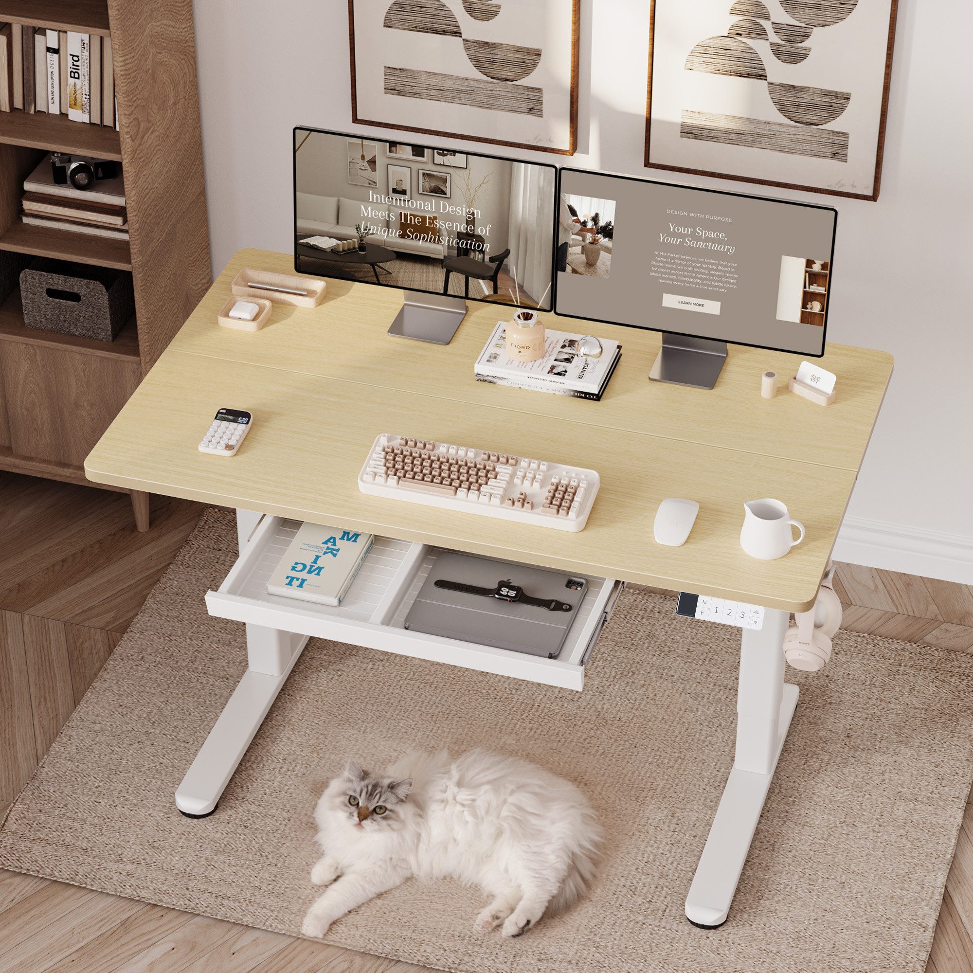 Claiks Schreibtisch Elektrischer Höhenverstellbarer Schreibtisch mit Schublade (1-St), mit 3-Memory, 2 Kopfhörerhaken, 140x60cm, Beige