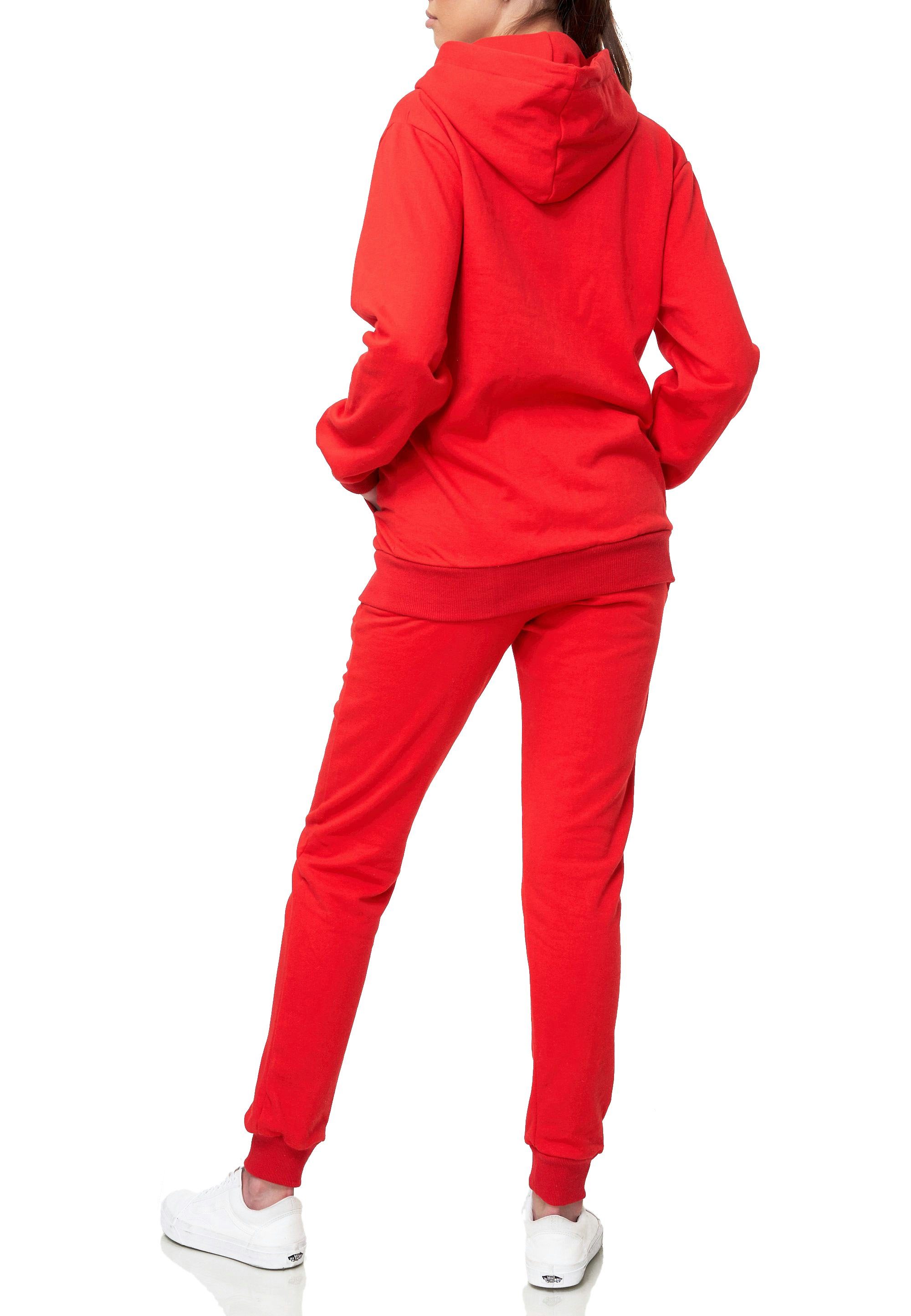 L.gonline Freizeitanzug Damen Jogginganzug einfarbig 100% Baumwolle 586 Rot XXL (Kapuzenjacke mit Reißverschluss, Hose, 2-tlg), Fitness Freizeit Casual – Bild 3 von 5