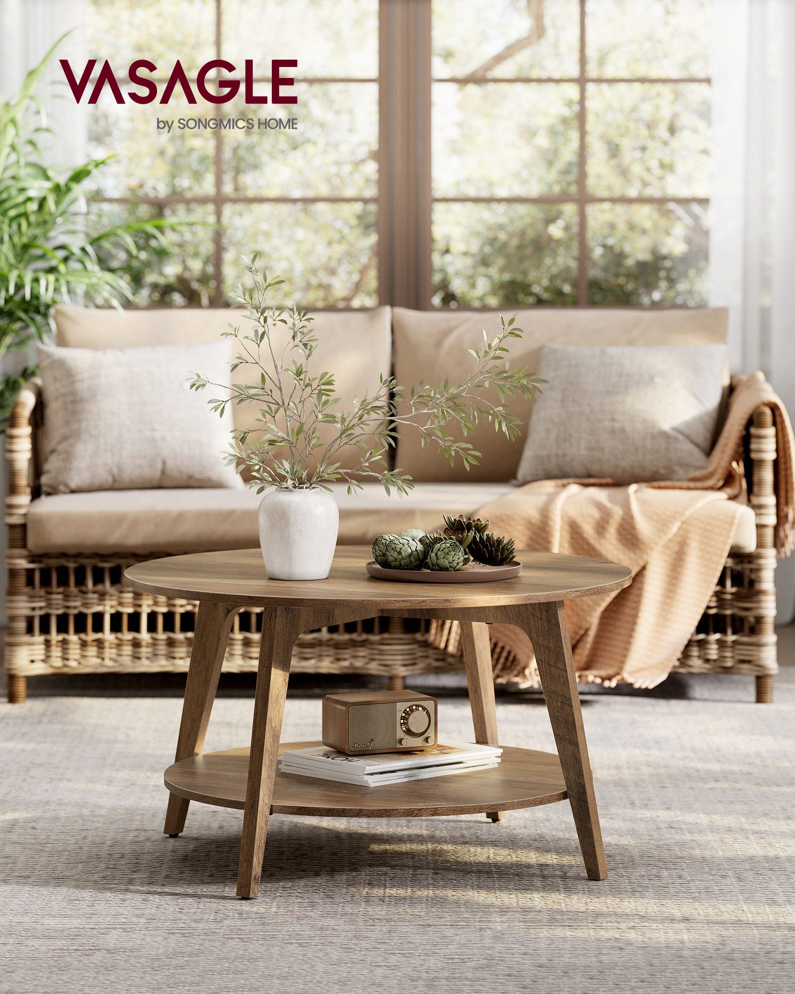 VASAGLE Couchtisch rund Wohnzimmertisch holz Beistelltisch (inkl. Zubehörpaket & Anleitung), 2 Ebenen, Ø 80 cm, modern, skandinavisch, einfache Montage – Bild 2 von 5