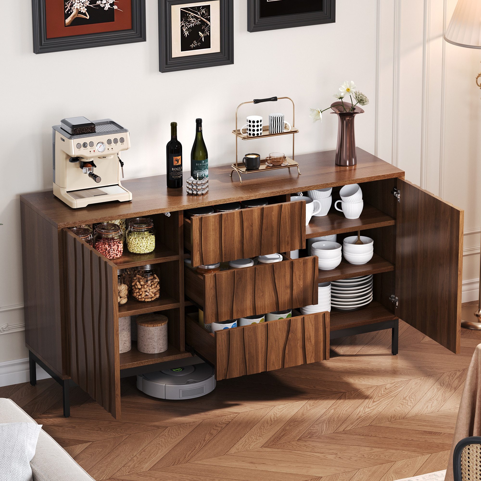 Flieks Kommode mit 3 Schubladen und 2 Türen (1 St., 150x40x80 cm, mit verstellbare Regal), Sideboard Küchenschrank Wohnzimmer Eichefarbe